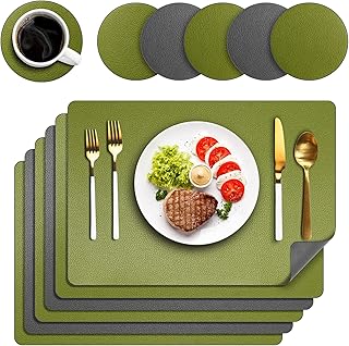 Placemats Set of 6, Two-Sided placemat with Coaster Heat Resistant Waterproof Wipeable Washable Place Mats, Easy to Clean Anti-Slip Table Mats, Suitable for Indoor & Outdoor Use(Green & Gray)