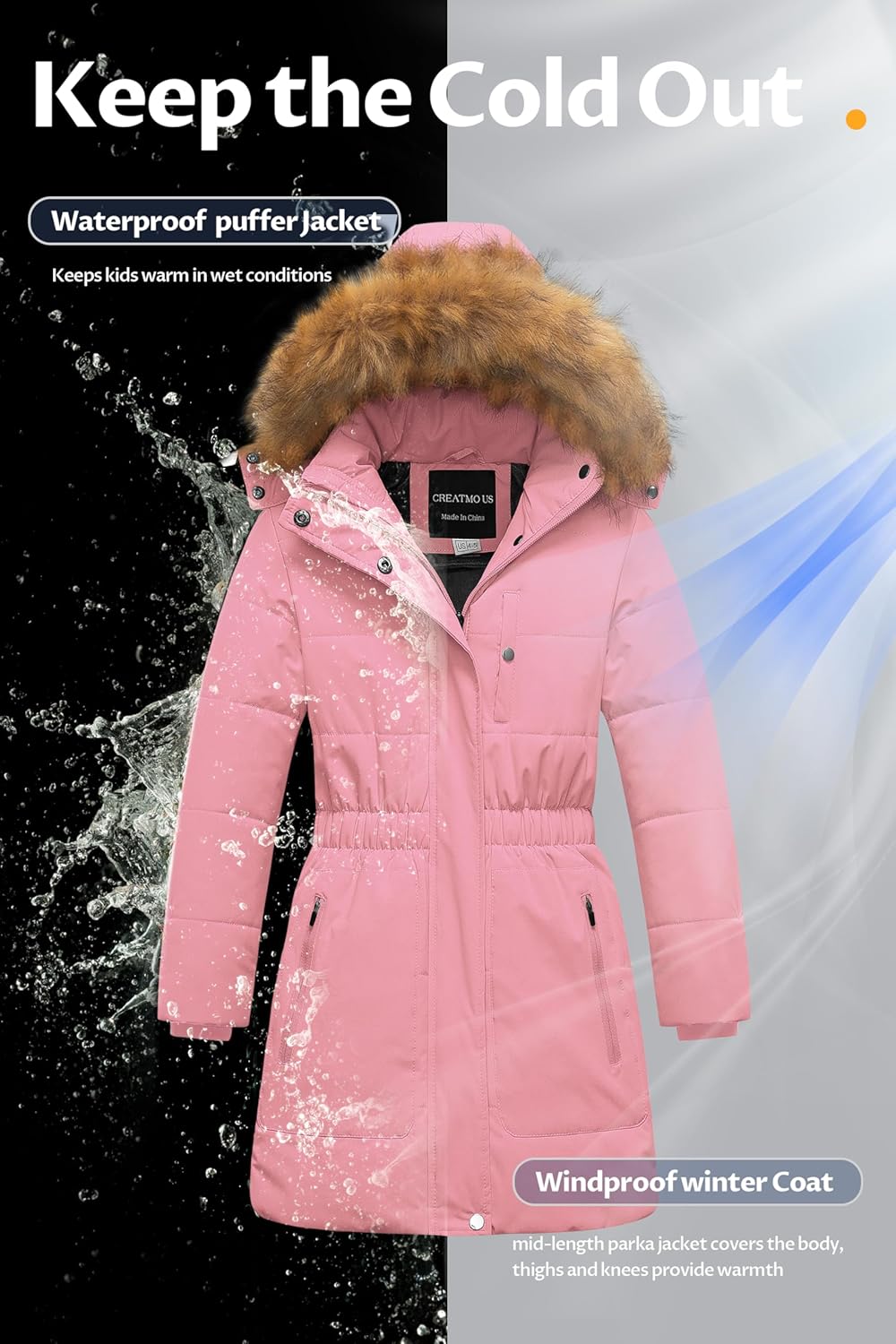 CREATMO US Girl's Long Length Winter Coat Parka Water Resistant Puffer Jacket With Fleece Lining - Image 5