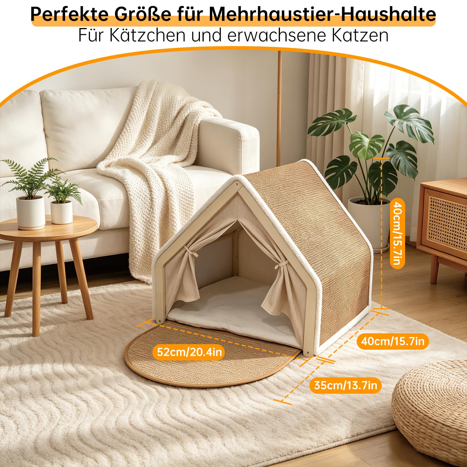 Sisal & Holz Katzenhöhle Katzenhaus Indoor mit Oben Kratzbrett Katze(Beige)