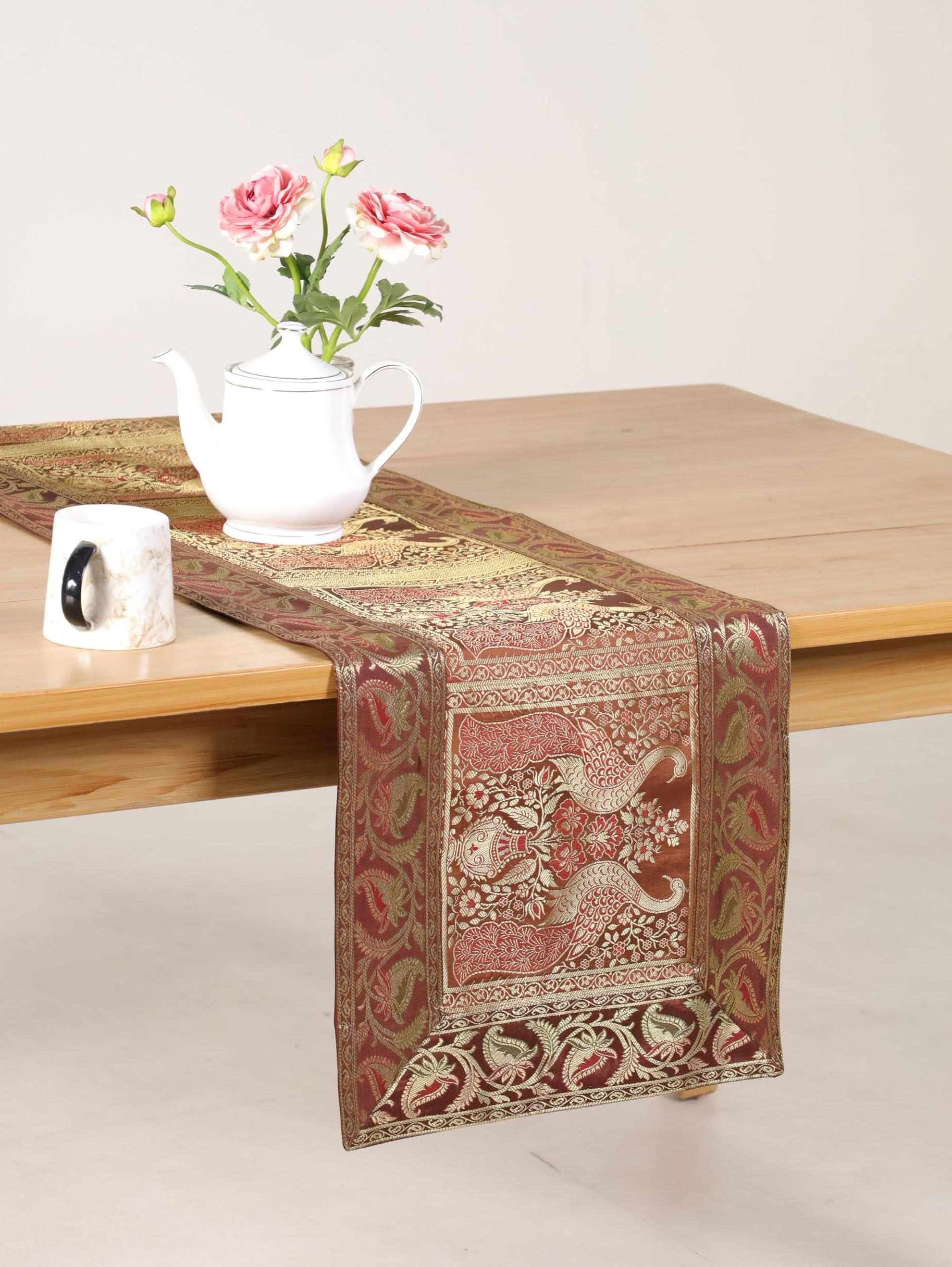 Indian Decorative Silk Table Runner, 16x60 Inches Table Runners for Events and Parties, Celebaration & Home Decoration ,Multicolor (Coffee)