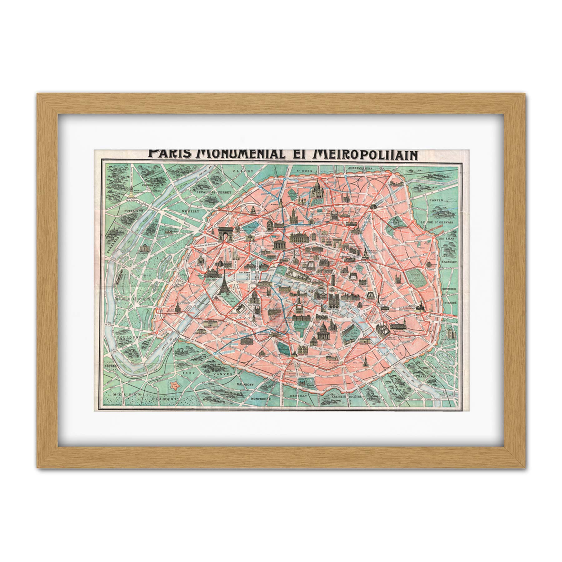 Wee Blue Coo Robelin Paris Monument Map French Artwork Framed Wall Art Print 18X24 Inch