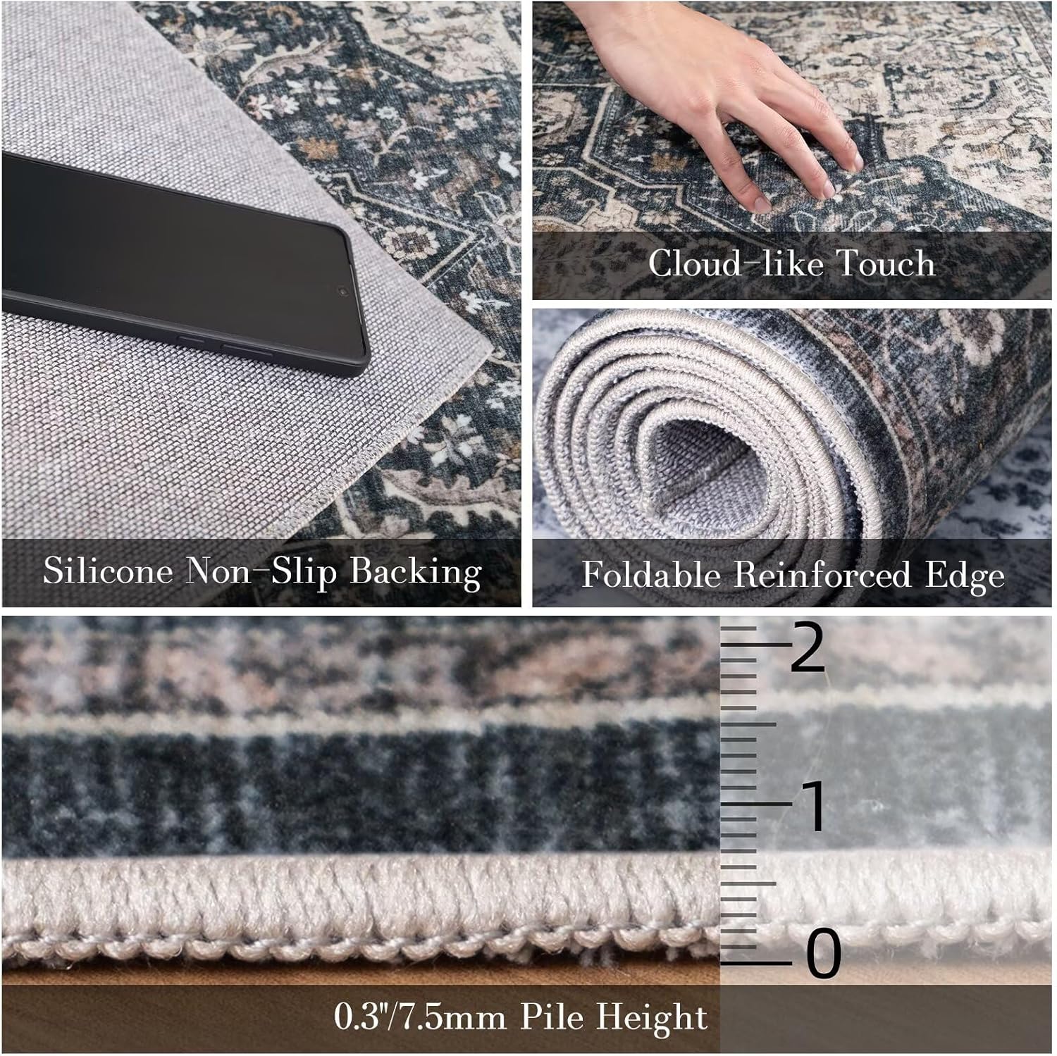 8x10 Area Rugs for Living Room, Washable Boho Non-Slip Vintage Distress Large Rugs for Bedroom Dining Room Nursery Office, 0.3" Neutral Oriental Throw Thin Carpet, Black/Multi