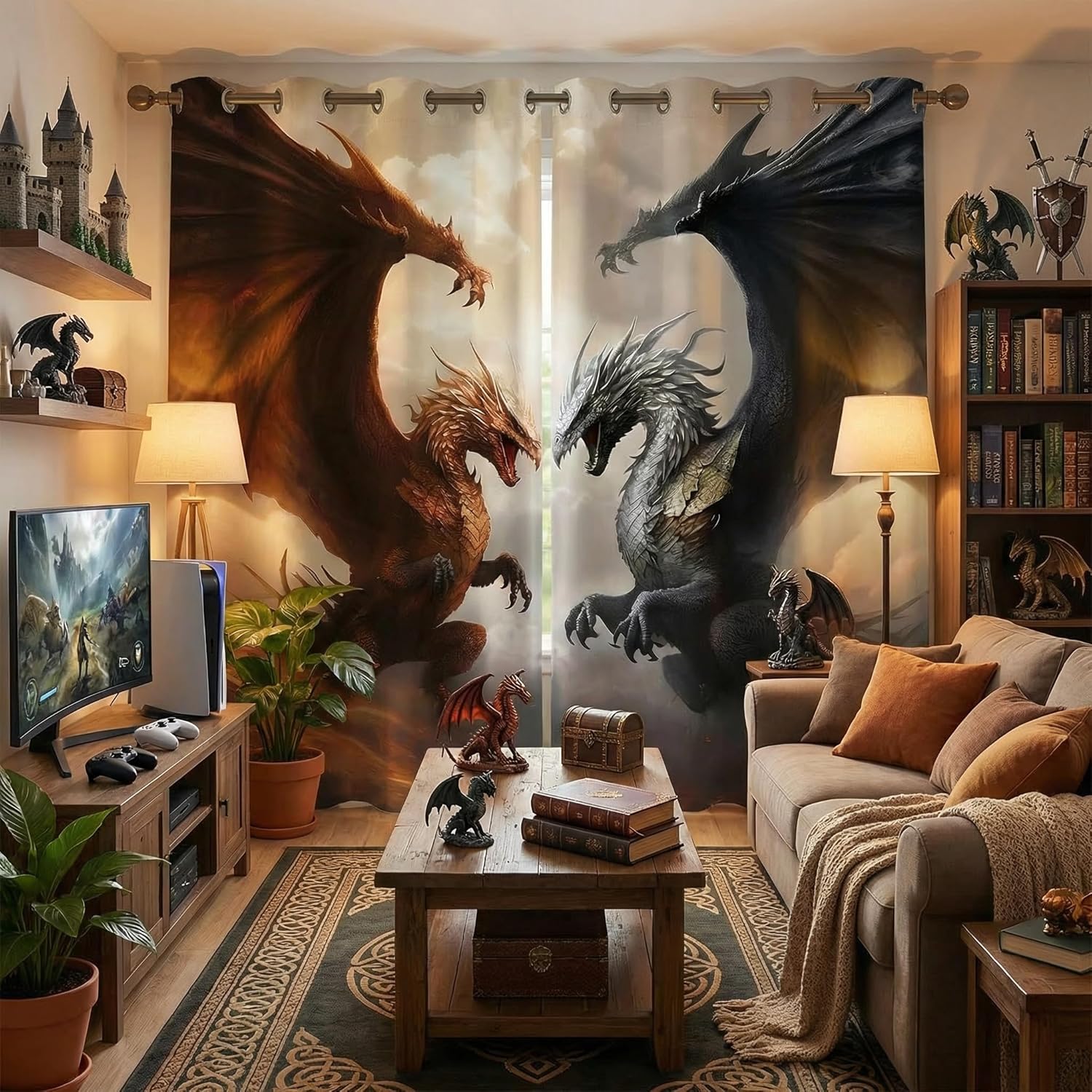Dragon Blackout Curtains for Girls Boy Home Decor, Fantasy Medieval Magical Animal Grommet Thermal Insulated Drapes Darkening Window Curtain for Bedroom Living Room, 42 x 45 Inch