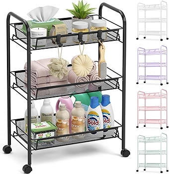 TOOLF 3-Tier Metal Rolling Cart with Mesh Shelves and Hooks