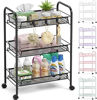 TOOLF 3-Tier Metal Rolling Cart, Mesh Wire Easy Assemble Utility Cart, Storage Trolley on Wheels with 3 Hooks, MetalStorage Shelving Units for Kitchen Bathroom Laundry Room