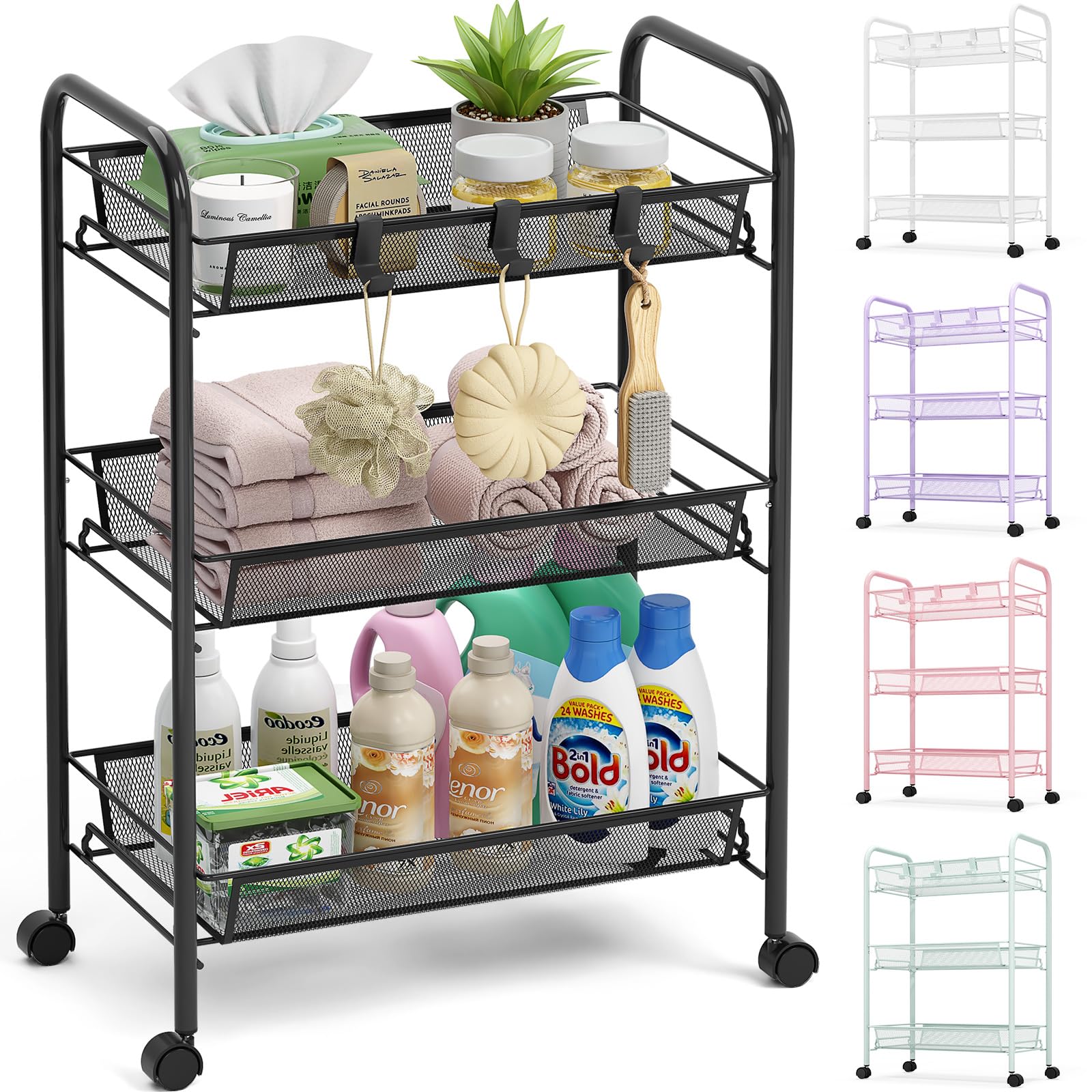 TOOLF Carrito rodante de metal de 3 niveles, alambre de malla fácil de montar, carrito de almacenamiento con ruedas con 3 ganchos, estantería de almacenamiento con ruedas para cocina, baño, lavandería