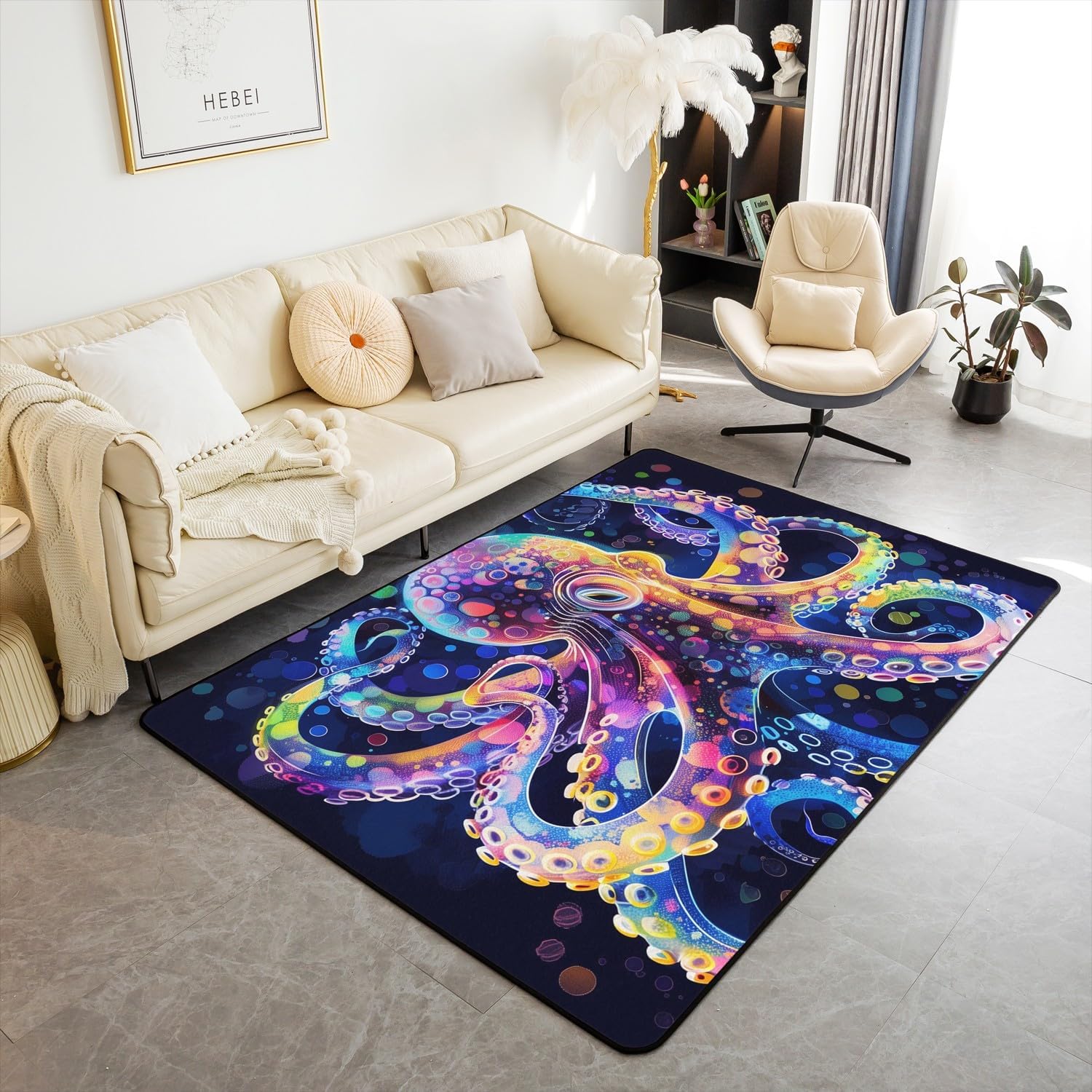 jejeloiu Ocean Themed Living Room Rugs for Bedroom Area Rug 3x5 Octopus Decor Carpet for Boys Girls Teens Tentacles Indoor Floor Mat Black Purple