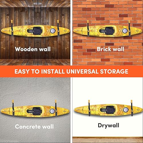Miniatura 14 de Estante de almacenamiento de kayak, soporte de kayak para garaje, soporte de pared para kayak con correas de nailon, gancho de kayak resistente Negro