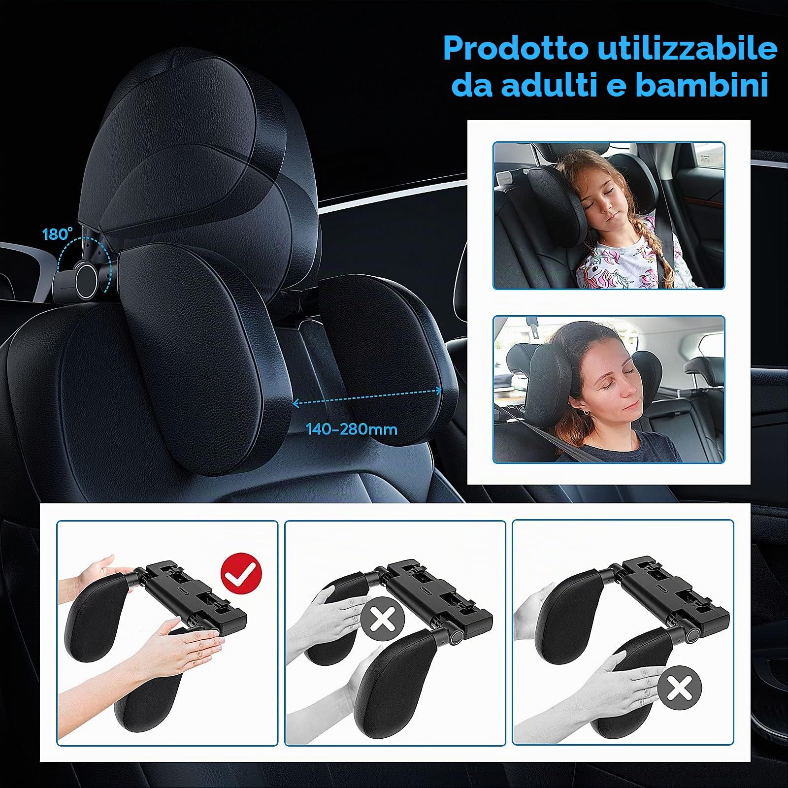 Poggiatesta Auto,180°Regolabile Telescopico Smontare Dell'auto Supporto Per Il Collo Dormire Poggiatesta Laterale,Adatto Per Il Supporto Della Testa di Adulti e Bambini (Nero A05 PVC)