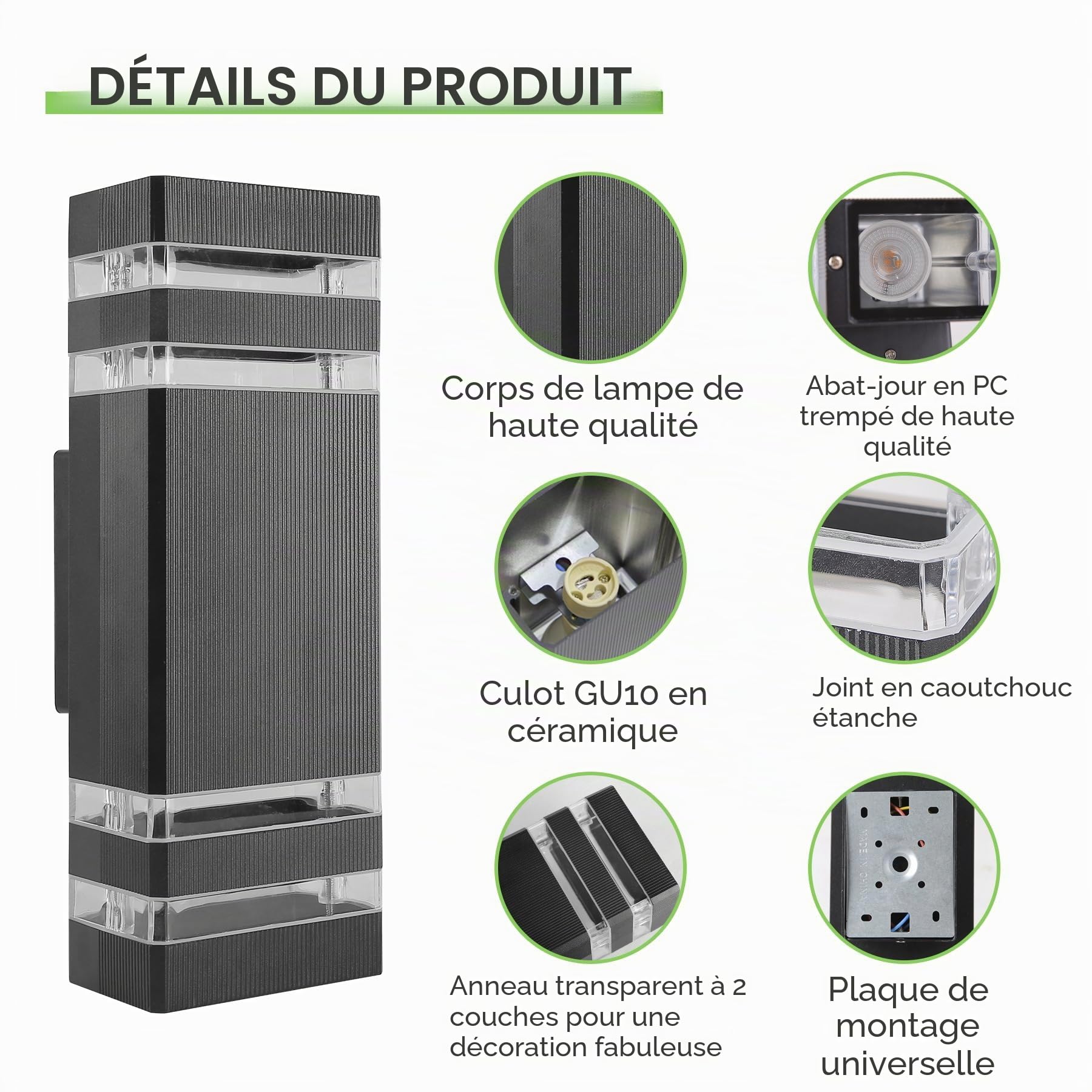CANMEIJIA Aplique Murale Exterieur LED GU10 6W 3000K Aluminium Noir 2 Pack