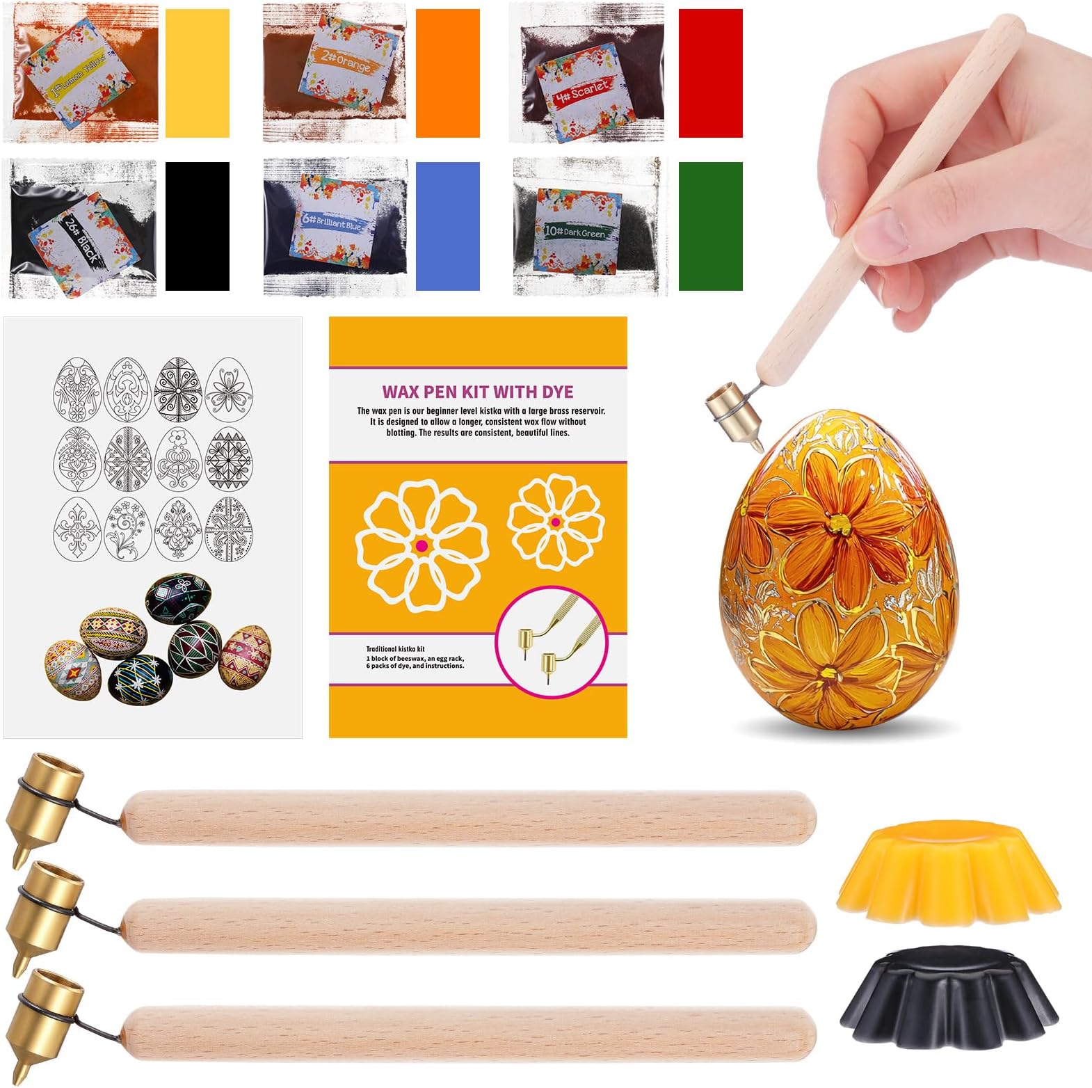 12 Pcs Ukrainian Easter Egg Decorating Kit Include 3 Kistka Pens 0.3-0.5 mm 2 Beeswax 6 Dyes 1 Instruction Pysanky Ukrainian Art Set for Easter Egg DIY Craft