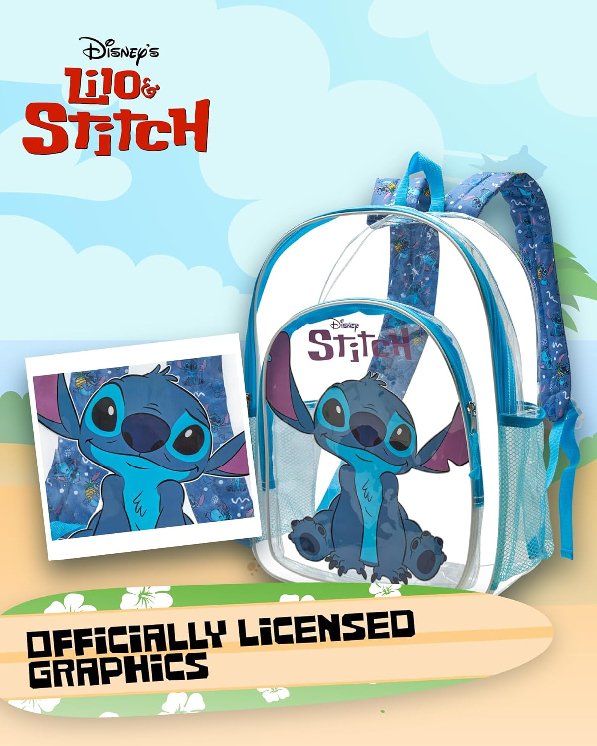 Fast Forward Stitch Backpack - Water Resistant Clear Backpack for Kids School Bag with Padded Straps and Side Pockets, Size One Size, Light Blue Stitch - Image 7