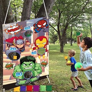 Huoety Superhero Themed Toss Games Banner with 6 Bean Bags-Fun Superhero Indoor Outdoor Throwing Game Party Supplies for Kids in Family Games,Superhero Themed Party,Carnival Games