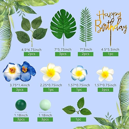 Miniatura 2 de 23 piezas de decoración de pastel de flores hawaianas con hojas de palma, hibisco, bolas de flores para Hawaii, Aloha, selva, temática de verano,
