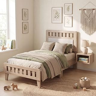 KOMFOTT Twin Wood Bed Frame with Upholstered Headboard