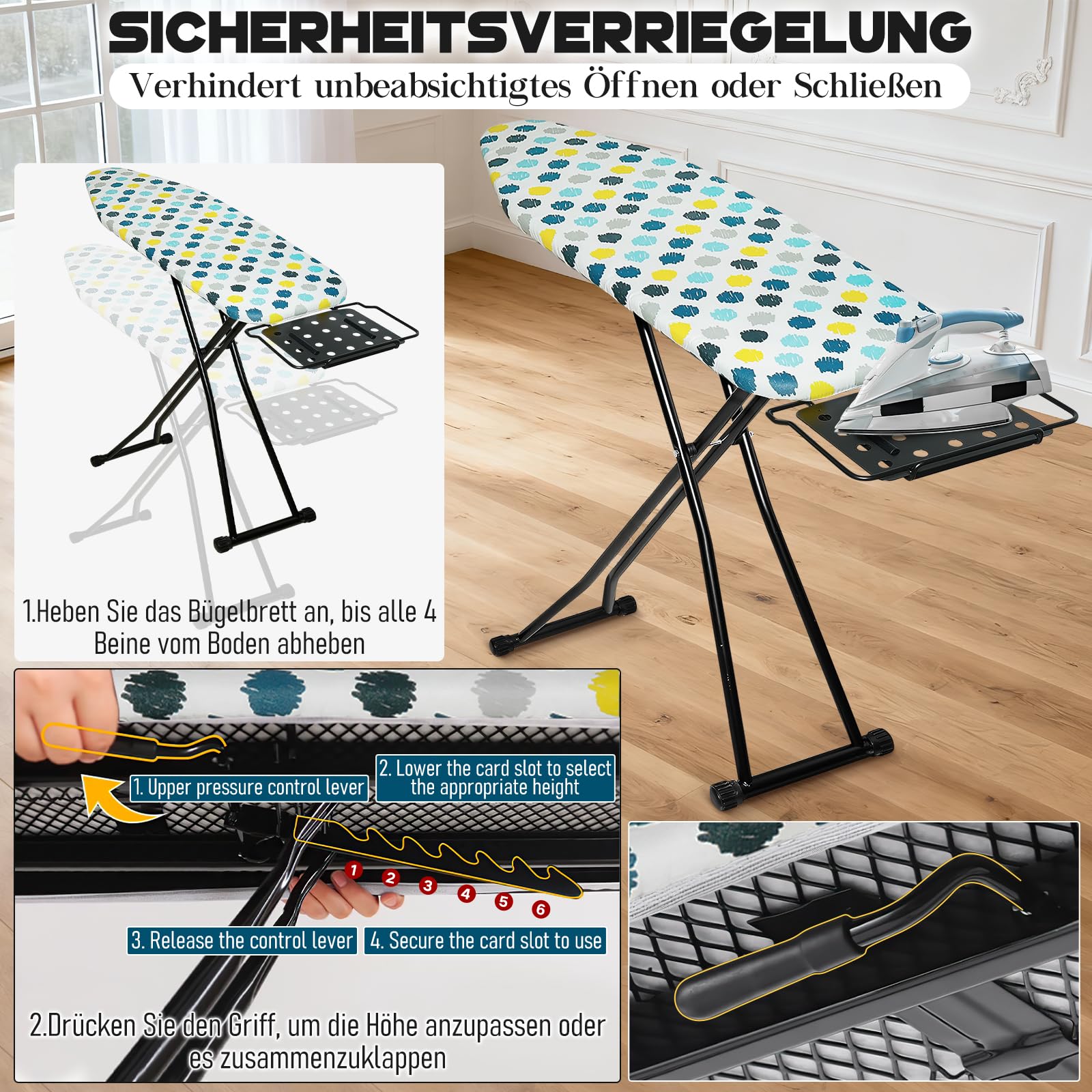 SUNDOY Asse da stiro Premium 111 x 31 cm, larghezza extra 31 x 91,5 cm, regolabile in altezza, imbottitura a 3 strati, stabile asse da stiro per la casa