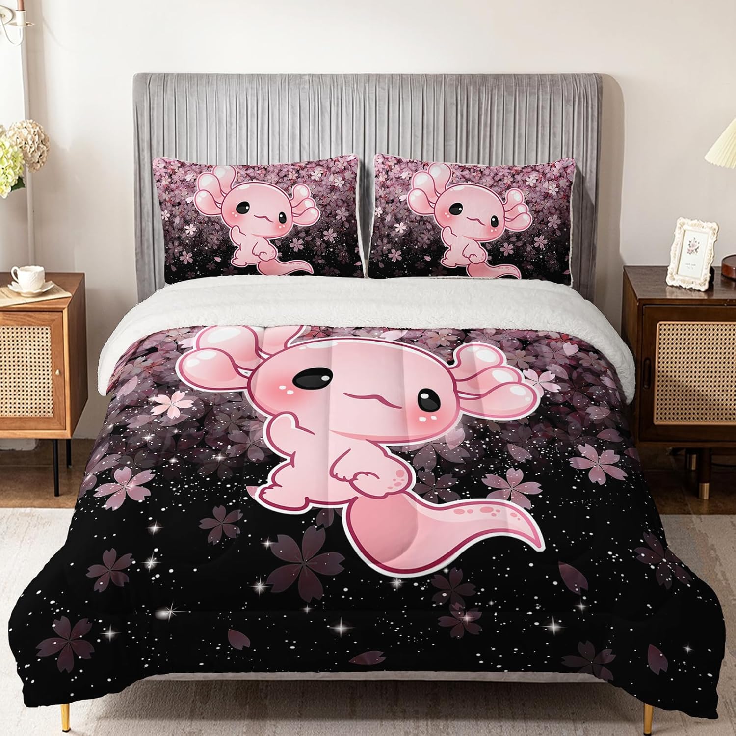 QOOMO Cartoon Axolotl Sherpa Fleece Comforter Set Girls Kawaii Bedding Set Full/Queen Size for Kids Teens Cute Cherry Blossoms Bedding Design 3 Piece with 1 Comforter 2 Pillowcases - Image 2