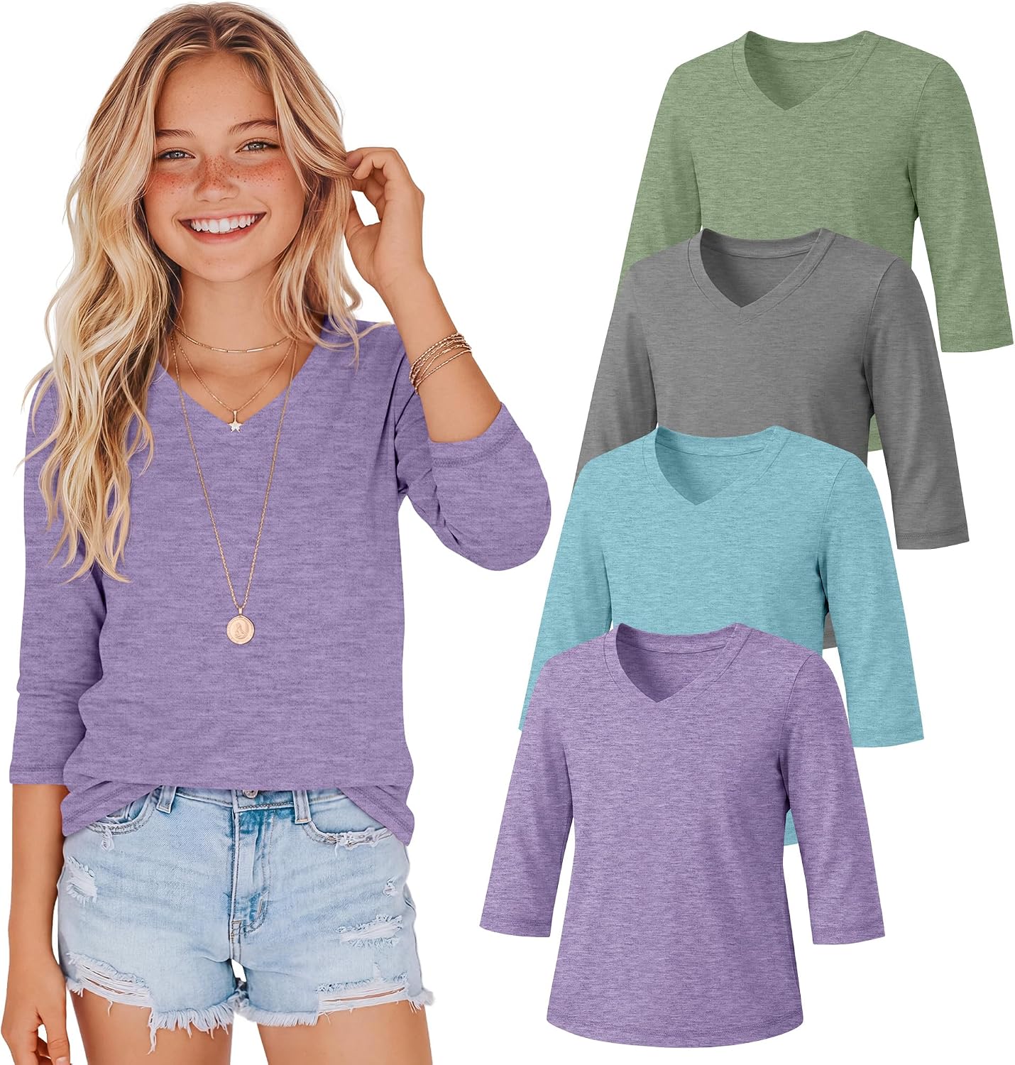 4 Pack Girls' 3/4 Sleeve T Shirts V Neck Soft Kids Tops Casual Youth Blouse for School Every Wear 5-14 Years