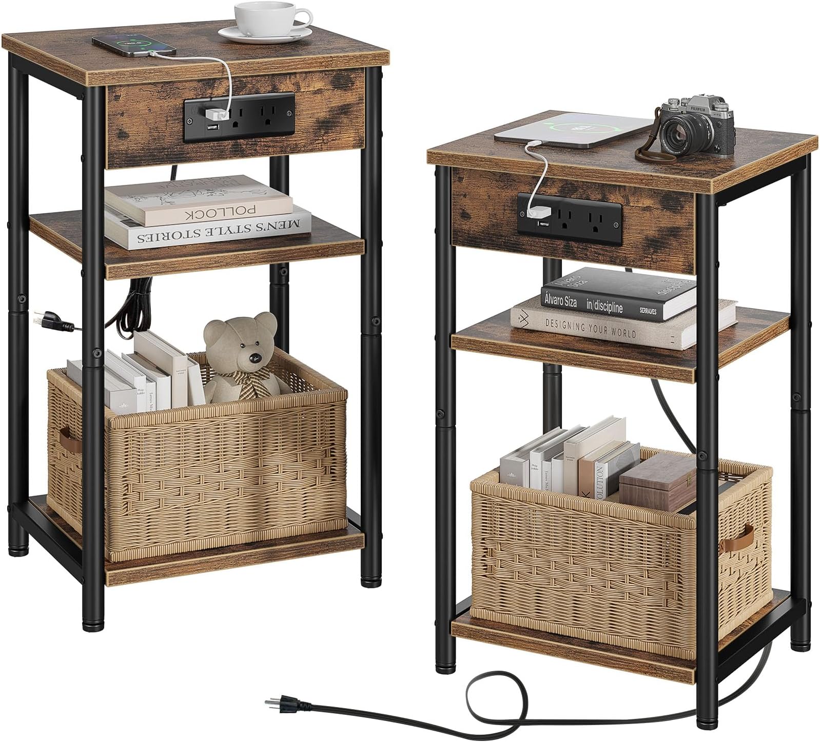 Rolanstar End Table with Charging Station, Night Stand with 3 Storage Shelves, Small Side Table for Small Space, Narrow Bedside Table for Living Room, Bedroom, Rustic Brown, Set of 2