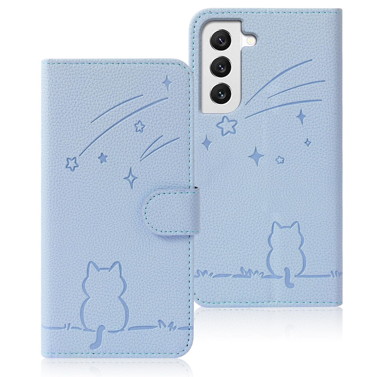 Rosbtib Galaxy S22 ケース 手帳型 ギャラクシーs22 ケース 流れ星子猫 SC-51C ケース 可愛い 猫柄 ねこ SCG13 ケース 耐衝撃 Samsung Galaxy S22 スマホケース オシャレ 軽量 耐久性 スタンド機能 カード収納 PUレザー 内蔵マグネット 着脱しやすい Galaxys22ケース カバー 6.1インチ対応(ブルー)