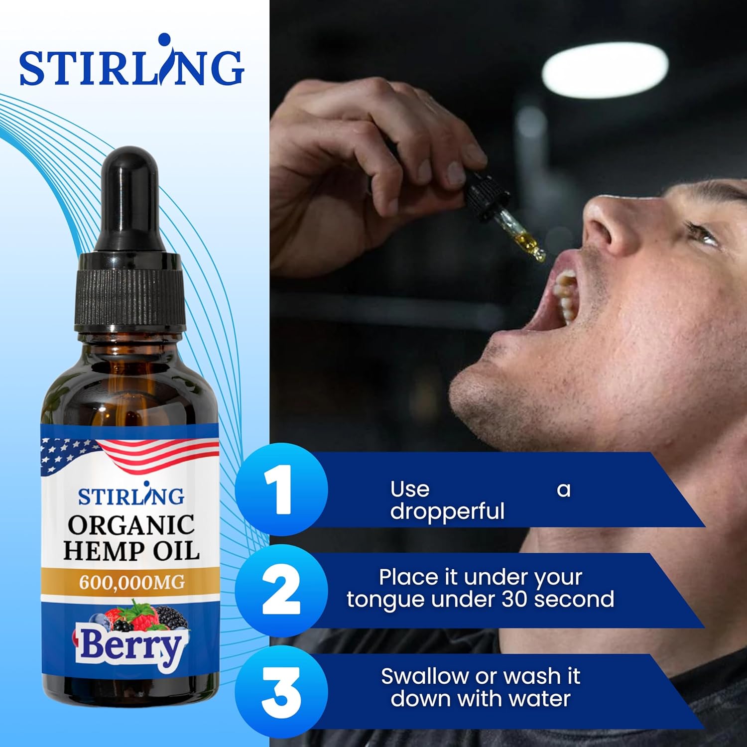 STIRLING Organic Hemp Oil - 600,000mg Natural Berry Flavor - Enhances Sleep and Helps Reduce Discomfort - THC-Free, Non-GMO, Gluten-Free, High in Omega 3 6 9 - Premium U.S. Hemp Seed Oil