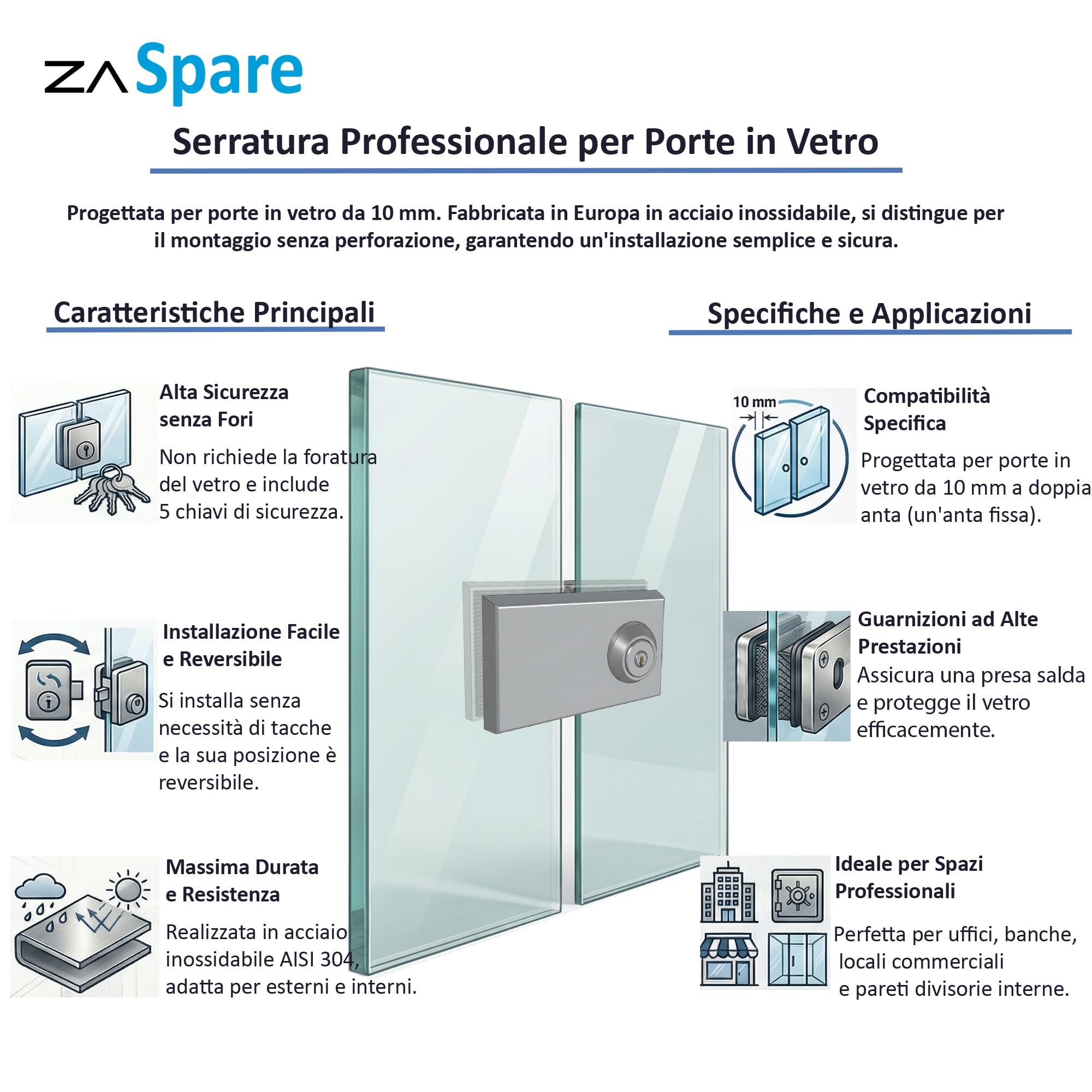 Serratura per porta in vetro senza foratura in acciaio inox AISI 304, alta sicurezza con 5 chiavi, ideale per uffici e locali professionali, compatibile con porte in vetro da 10 mm.