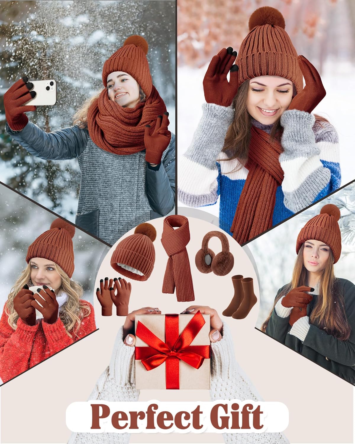 Geyoga 6 Pcs Winter Warm Set for Women Warm Beanies Hats Touchscreen Gloves Long Scarf Ear Muffs Socks Winter Gifts for Women - Image 7