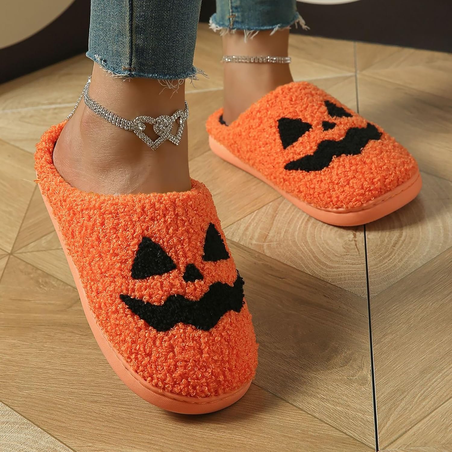 Halloween Slippers for Men Women Fluffy Plush Warm House Slippers with Ghost Pumpkin Bat Design Non-Slip Home Spooky Shoes - Image 3