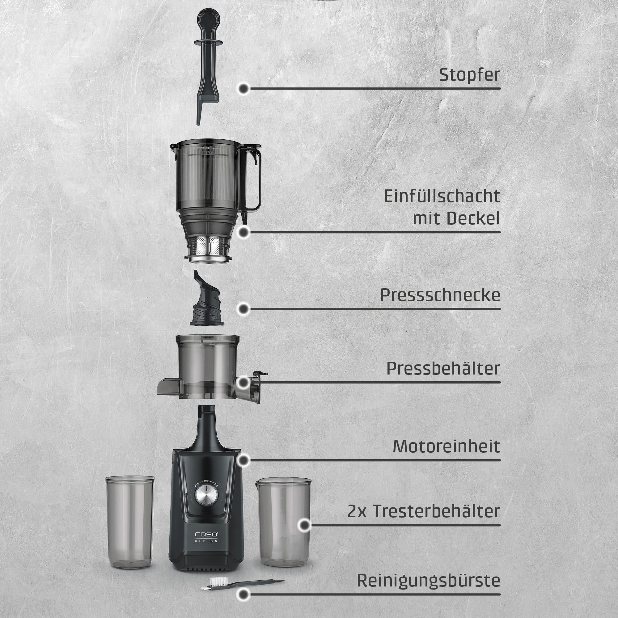 CASO Juice Fit - Slow Juicer, Sanftes und schonendes Entsaften dank niedriger Umdrehungszahl (40 U/min), Fill´n Juice, große Einfüllöffnung von 105mm Ø, Nährstoffe und Vitamine bleiben erhalten