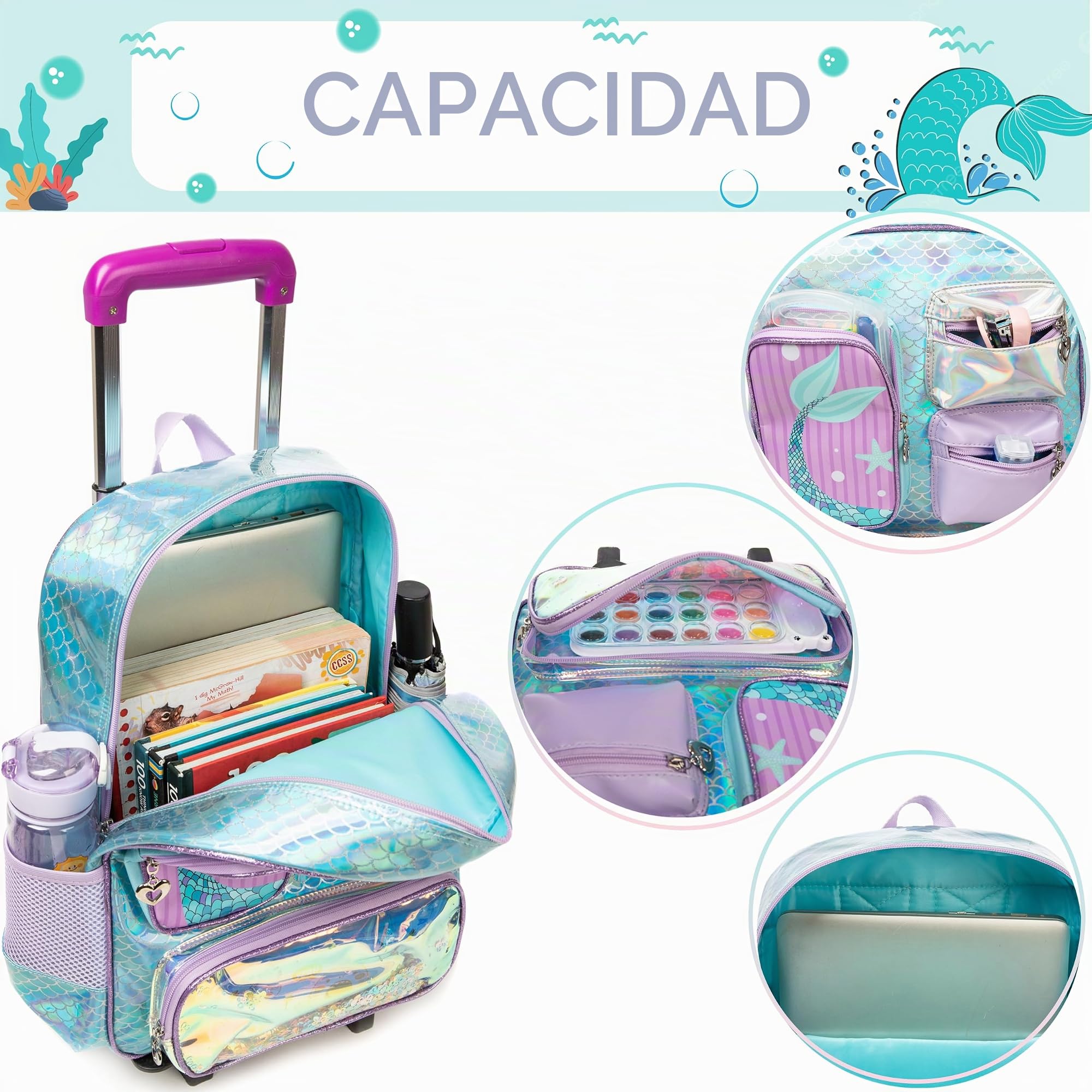 HTgroce Mochila Trolley Sirena para Niña Infantil con Ruedas para Escuela Educación Preescolar Escuela Primaria y Viajes