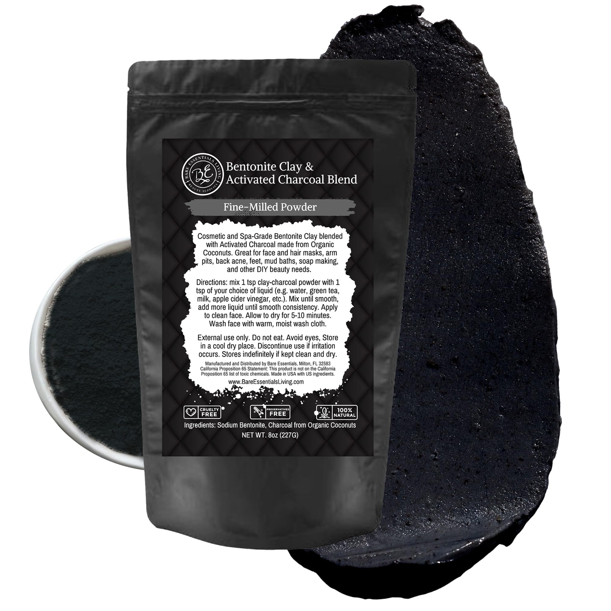 Bare Essentials Living - Bentonite Clay Powder and Activated Charcoal Powder Blend (8oz) Great for Charcoal Face Mask, Facial, Hair Mud Mask, DIY