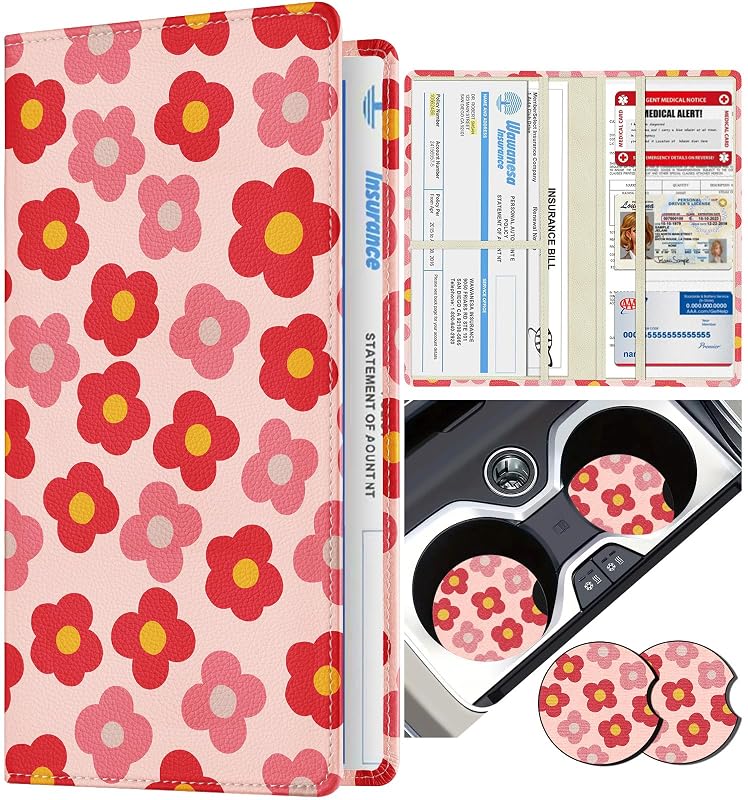 Organizador para Porta-Luvas Slohif em Couro Texturizado com Fechamento Magnético e Porta-Copos Floral Kit com 2 peças
