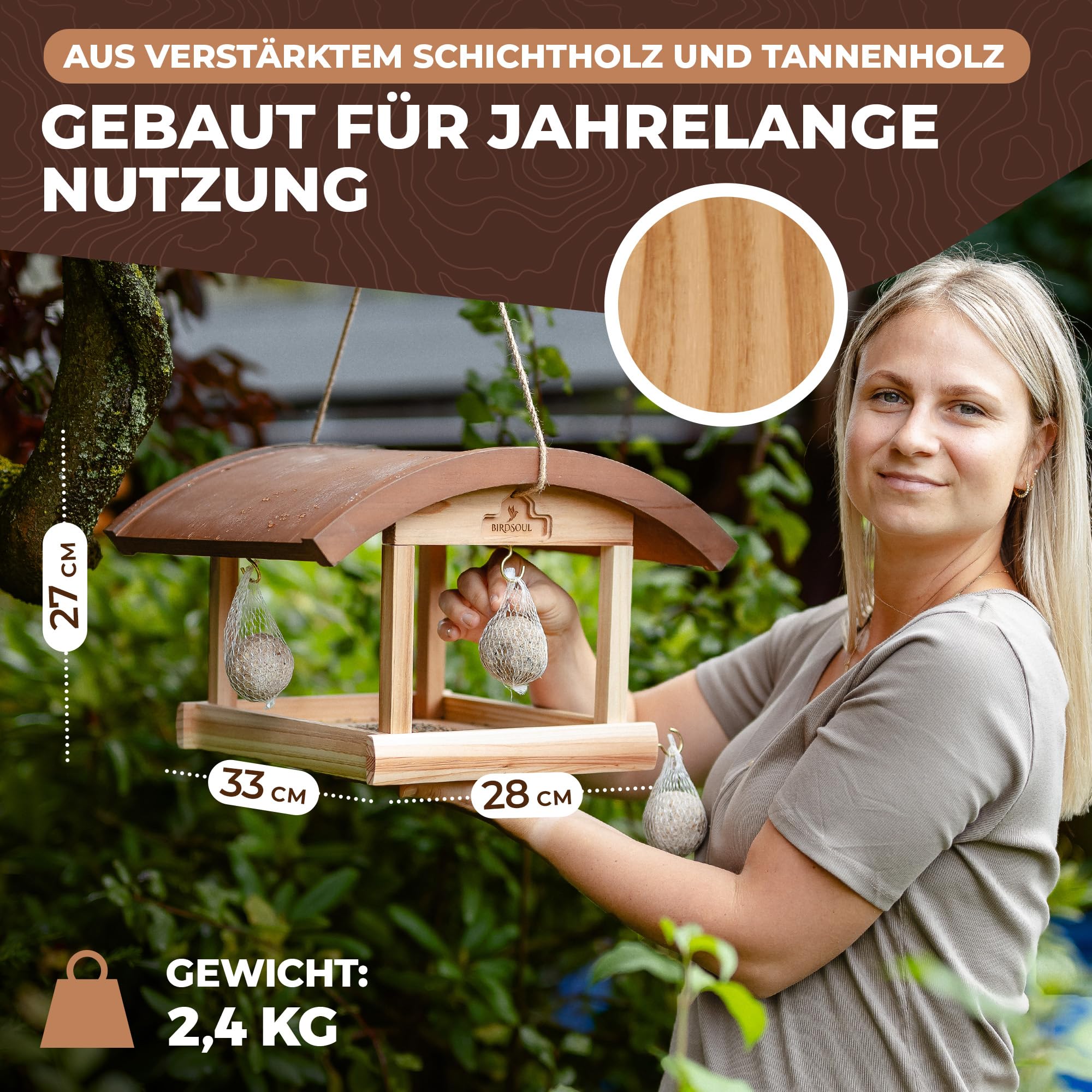 Großes Vogelhaus zum Aufhängen wetterfest [Rain-Safe Bodenplatte & 5° Wasserablauf] XXL Vogelfutterhaus zum Aufhängen | Vogelhäuschen Bausatz | Vogelhaus Holz | Futterhaus für Vögel hängend
