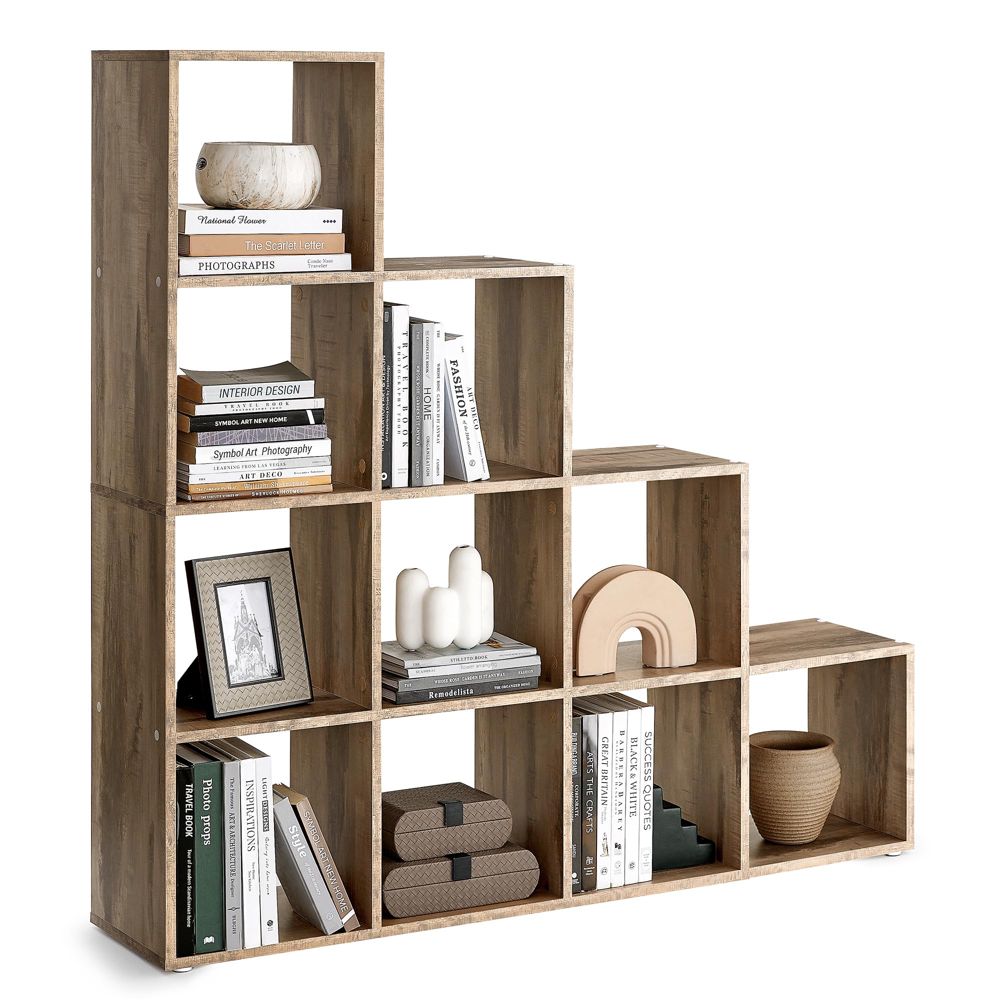 VASAGLE Bücherregal mit 10 Fächern, Regal mit offenen Fächern, Aufbewahrungsmöbel, für Dekorationen, Bilderrahmen, Wohnzimmer, Schlafzimmer, Büro, 29 x 129,5 x 129,5 cm, Karamellbraun LBC010B50