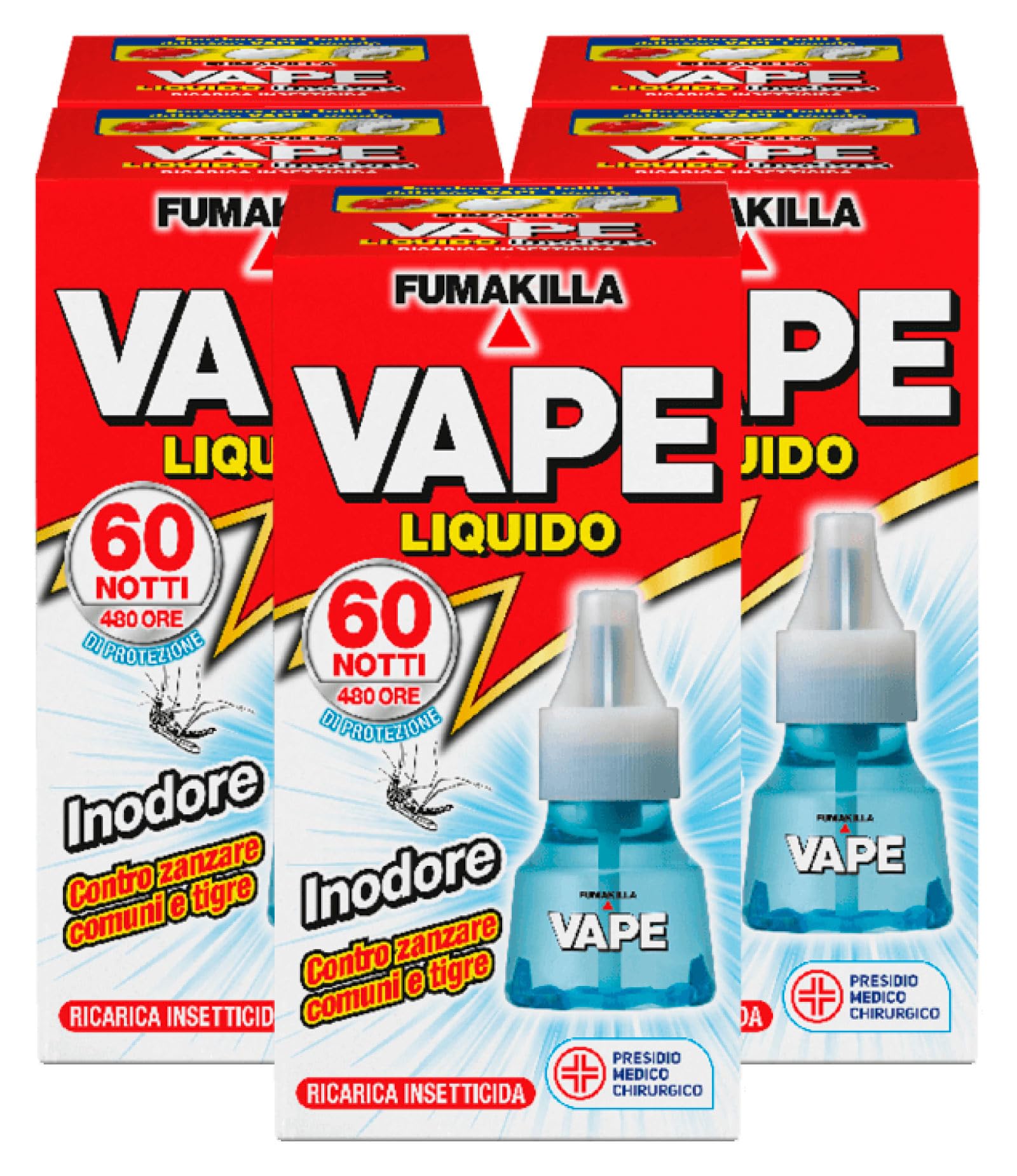Vape Ricarica Liquida per Diffusore Elettrico Insetticida Zanzare Tigre e Comuni Inodore Antizanzare 480 Ore di Efficacia Presidio Medico Chirurgico - 5 Confezioni
