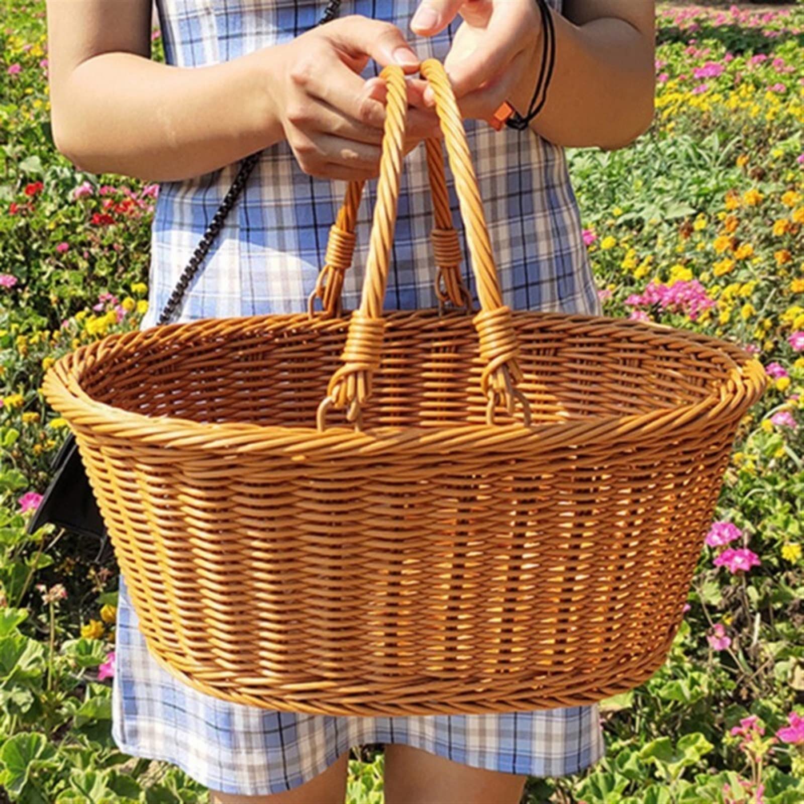Petit Panier de Pique-Nique Fait à la Main en Imitation rotin avec poignée pour Pique-Nique de Camping， Panier de Rangement en Osier tressé， Porte-Fruits，