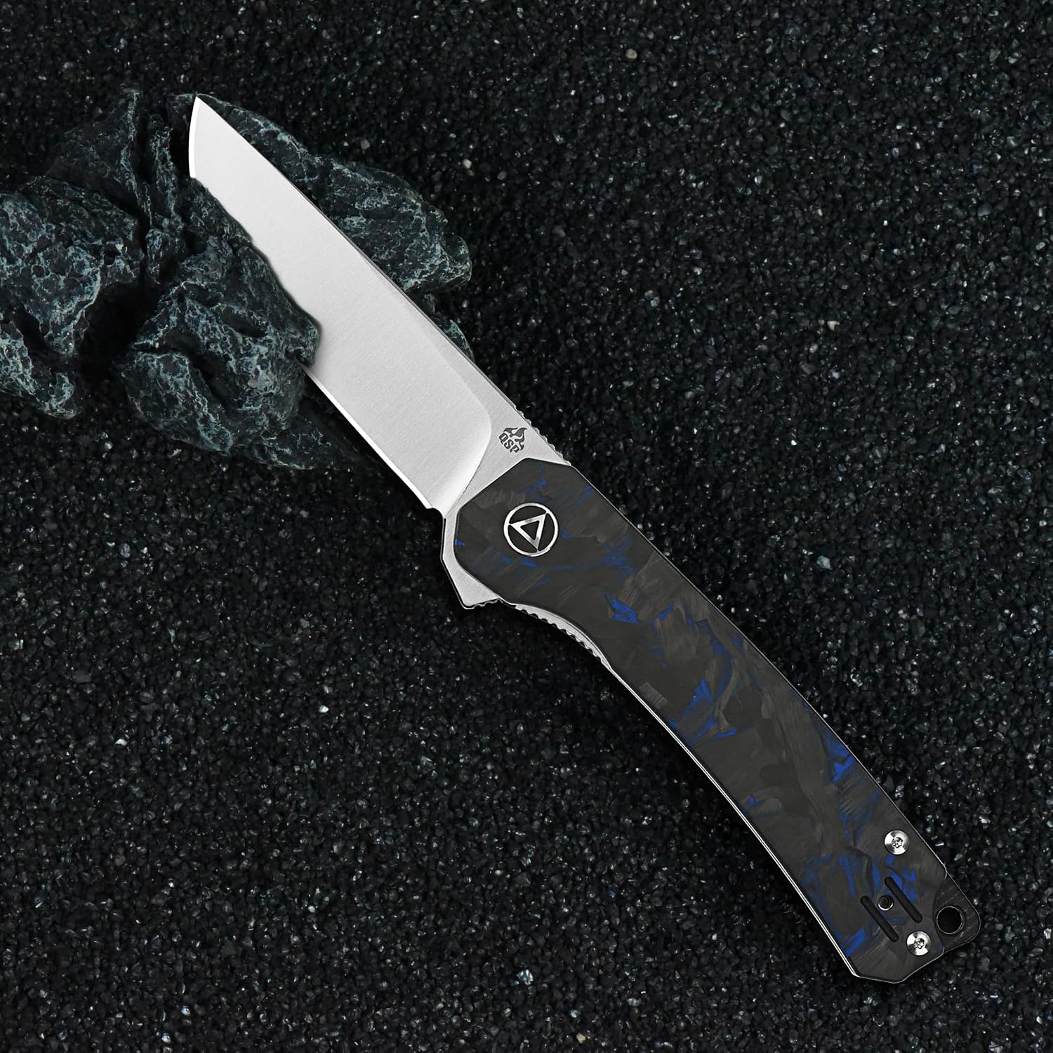 QSP Osprey Folding Pocket Knife, 3.25" Sandvik 14C28N Satin EDC Knife, Blue Shredded CF Overlay G10 Handle, Liner Lock, Ceramic Ball Bearings, Reversible Wire Deep Carry Clip
