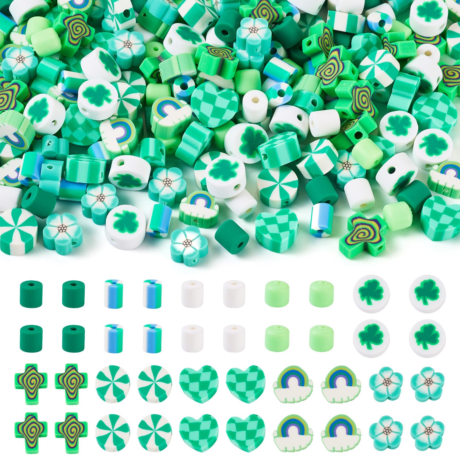 Bestewelry 200pcs St. Patrick's Day Polymer Clay Beads: Round, Flat Round, Column, Cross, Heart with Tartan Pattern, Flower Shapes in Green for DIY Jewelry Making