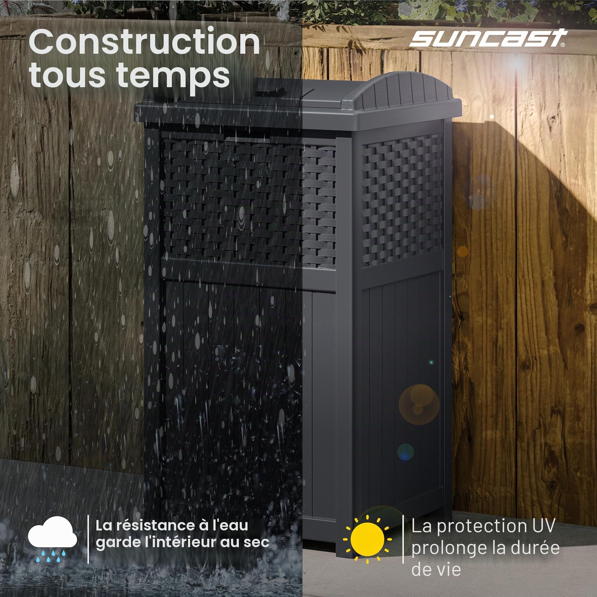 Suncast Poubelle cachée de style osier avec couvercle à verrouillage sécurisé et construction résistante aux intempéries pour terrasse, fabriquée aux États-Unis, 125 L, gris (Cyberspace Grey)