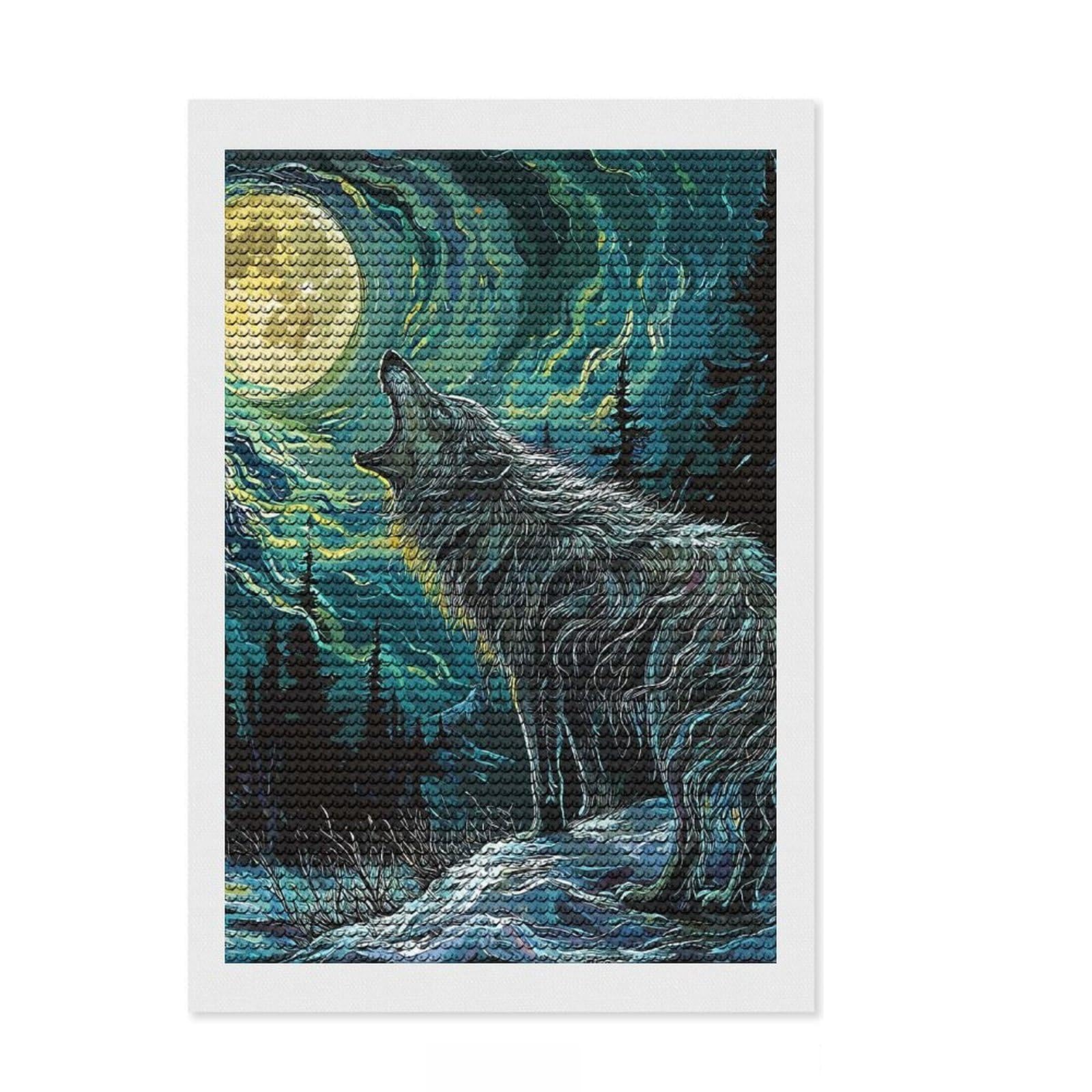 Junmoney Wolf in Forest Diamond Painting Set 8"x12", for Beginners, Stress Relief Craft, Home Wall Decor, Holiday Gift Idea, Printed Canvas