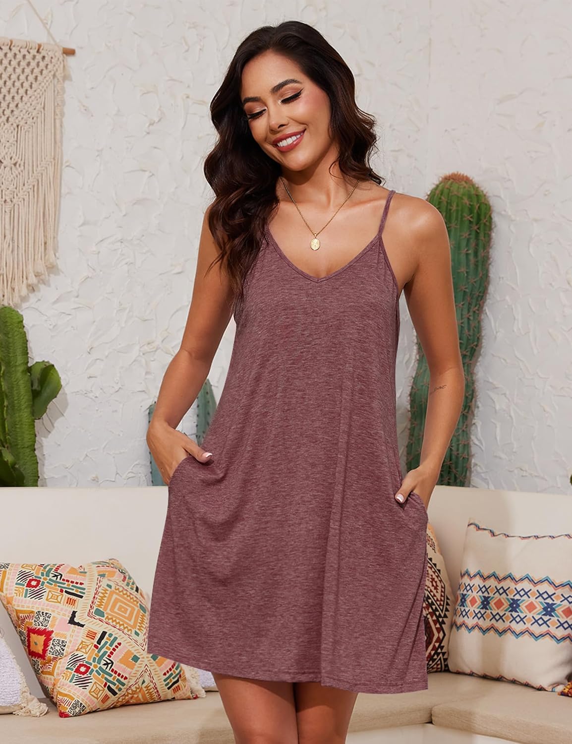 Marvmys Womens Cotton Sleeveless Nightgown Spaghetti Strap V Neck Full Slip Sleep Dress with Pockets - Image 2