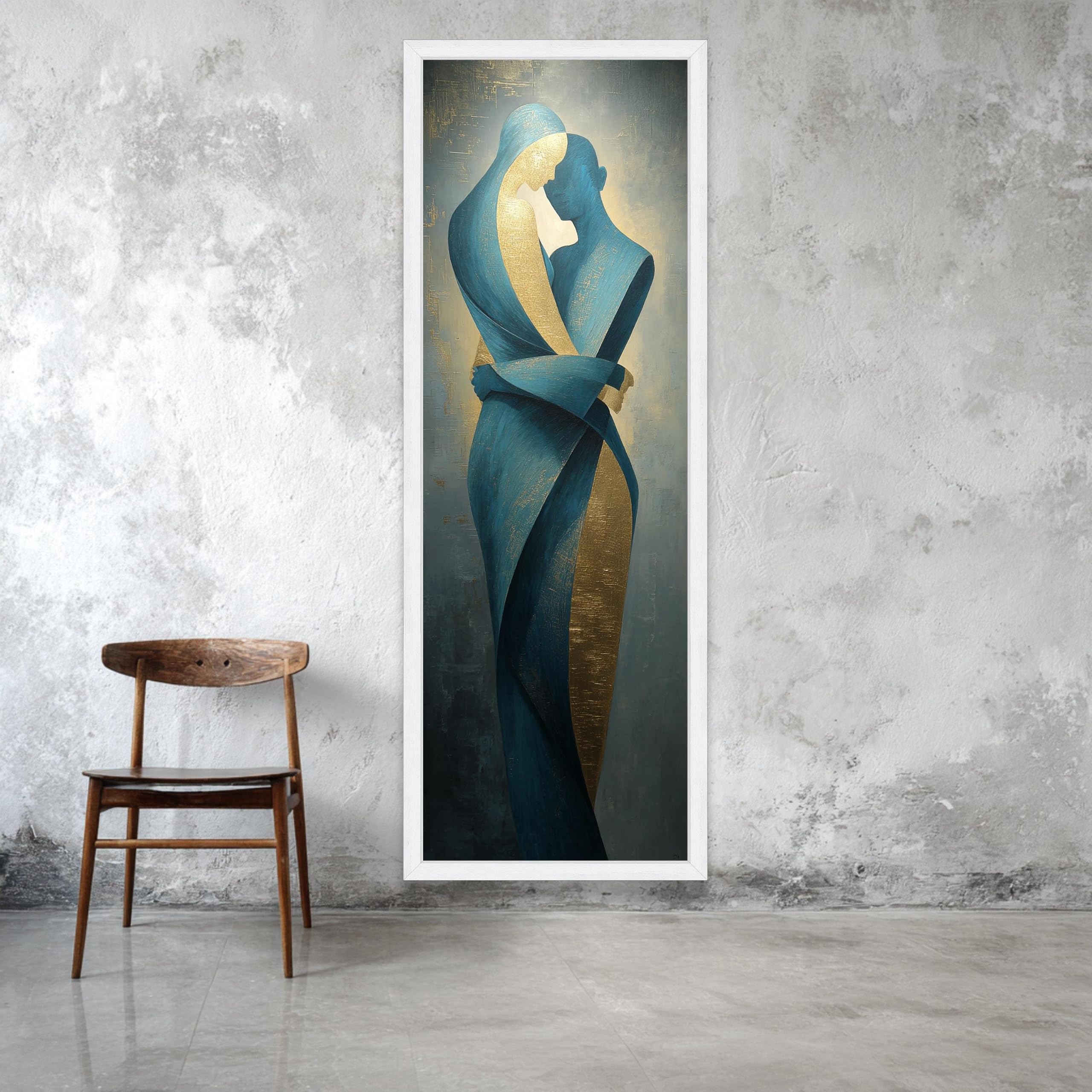 TONGYINLI Cuadro largo y estrecho para pared, lienzo abstracto con la imagen de amantes abrazándose, pintura al óleo romántica sobre lienzo, silueta de pareja (70x210cm/marco interno)