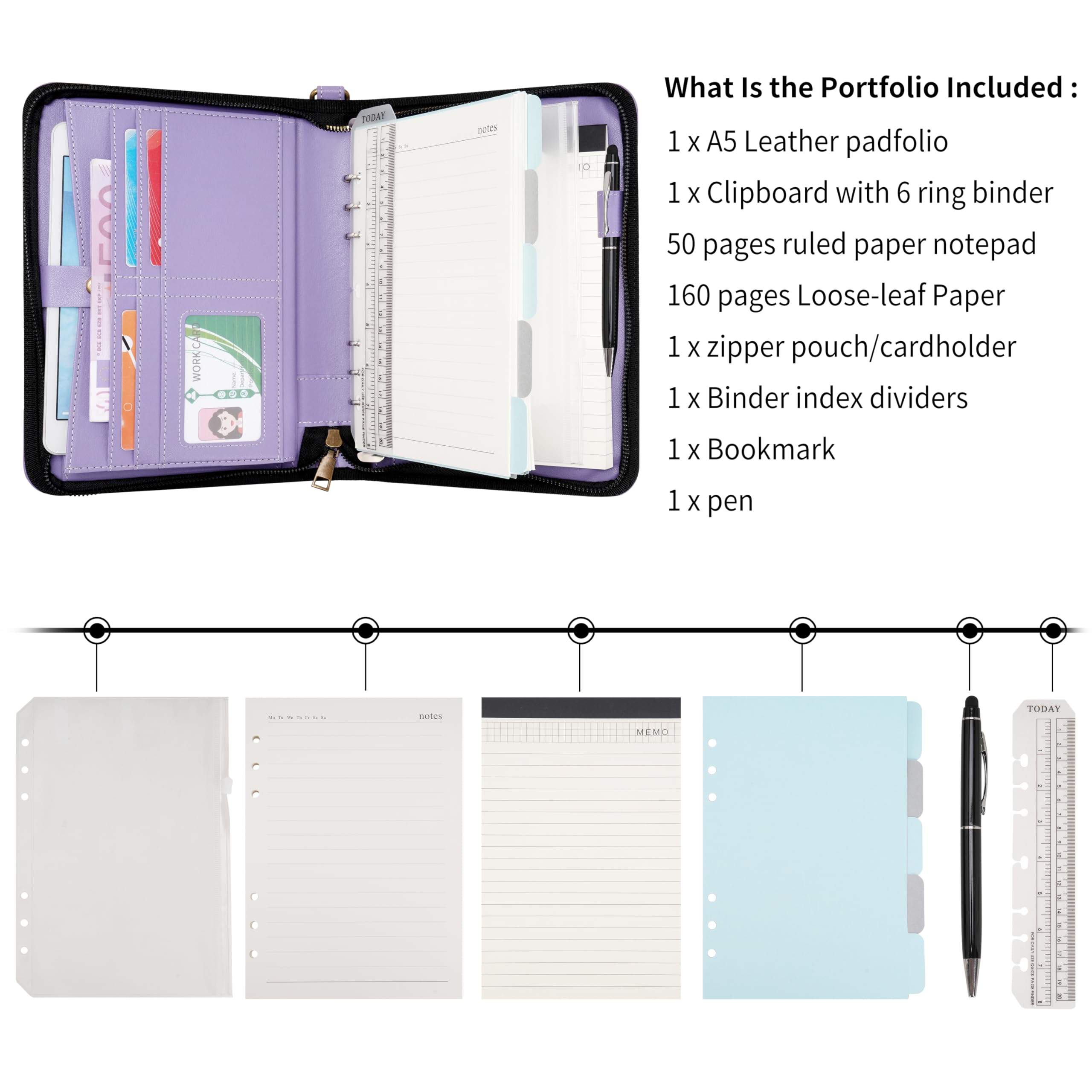 Wason Portefeuilles A5 à Anneaux avec Fermeture Éclair - Carnet de Notes en Cuir PU avec Bloc-Notes Détachable et Rechargeable, Juridique pour Professionnelle, Études et Voyages (Violet)