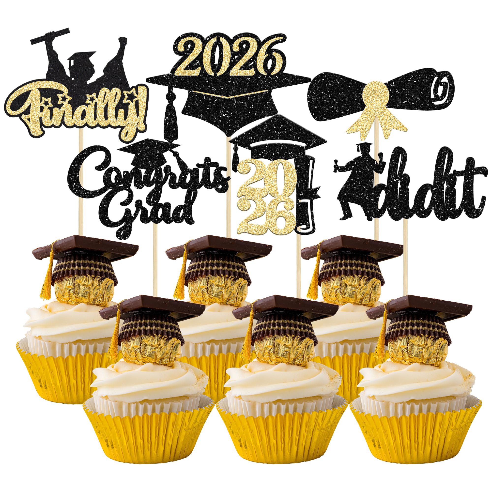 Gyufise 24Pcs Black Gold Glitter 2026 Graduation Theme Cupcake Toppers Glitter Class of 2026 Diploma Finally I Did it Congrats Grad Cap Cupcake Picks 2026 Graduation Theme Party Cake Decorations — image 1