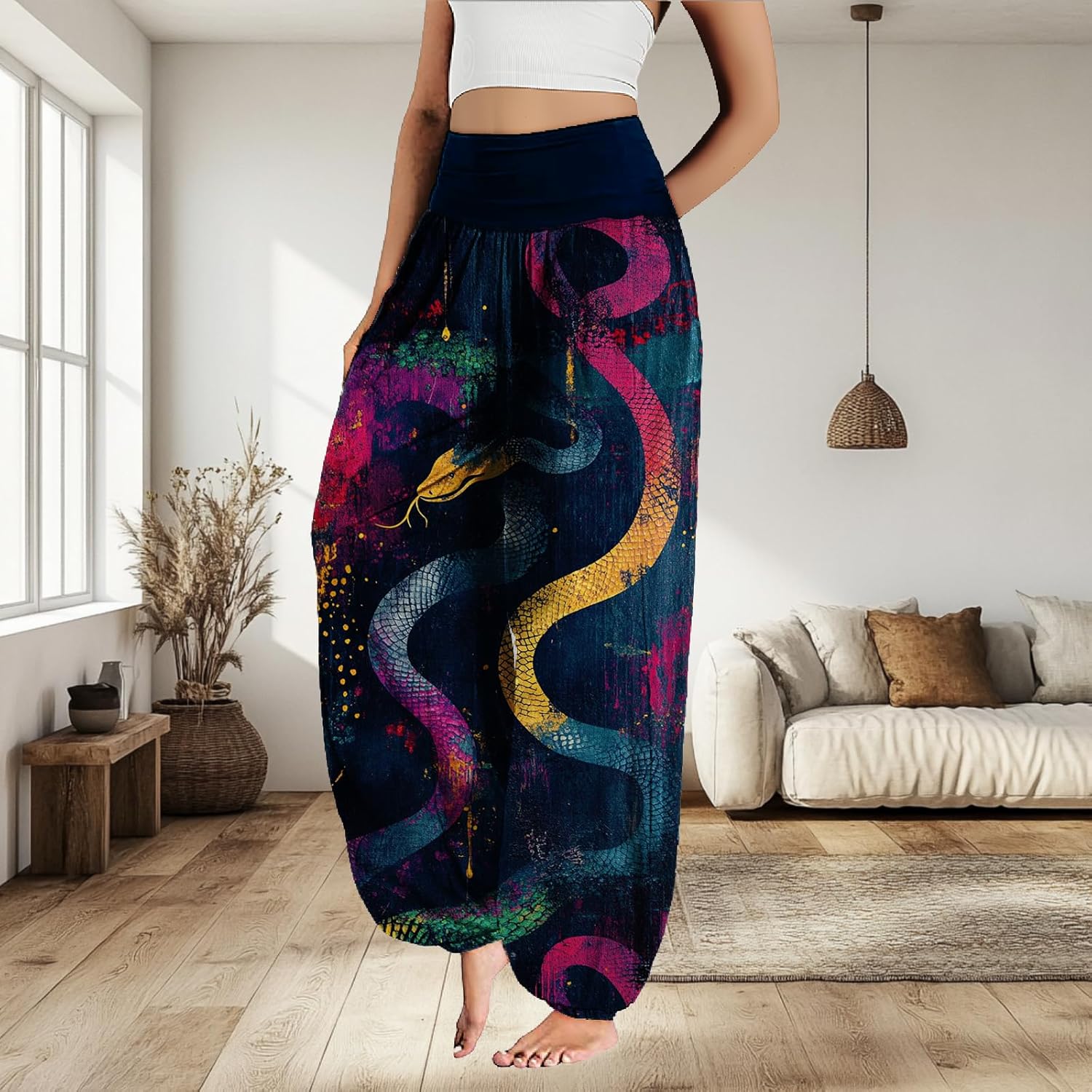 MARSVOVO Harem Pants Women Novelty Print Art Style Wide Leg Plus Size High Weist Flowy Japanese Pants