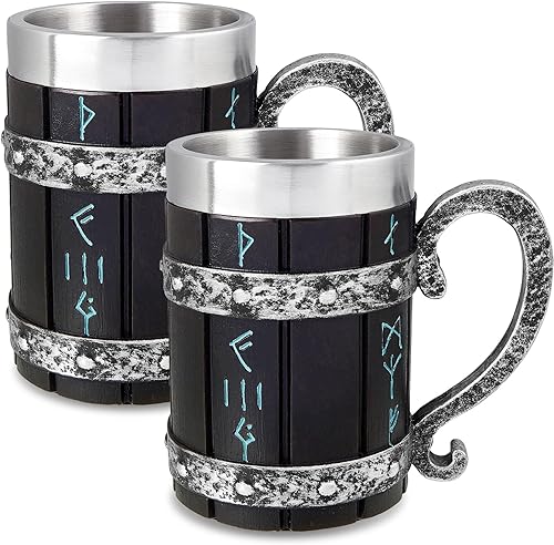 Tioncy 2 tazas de runa nórdica, jarra de acero inoxidable de resina 3D nórdica, decoración nórdica gótica, taza de cerveza y café, taza novedosa,