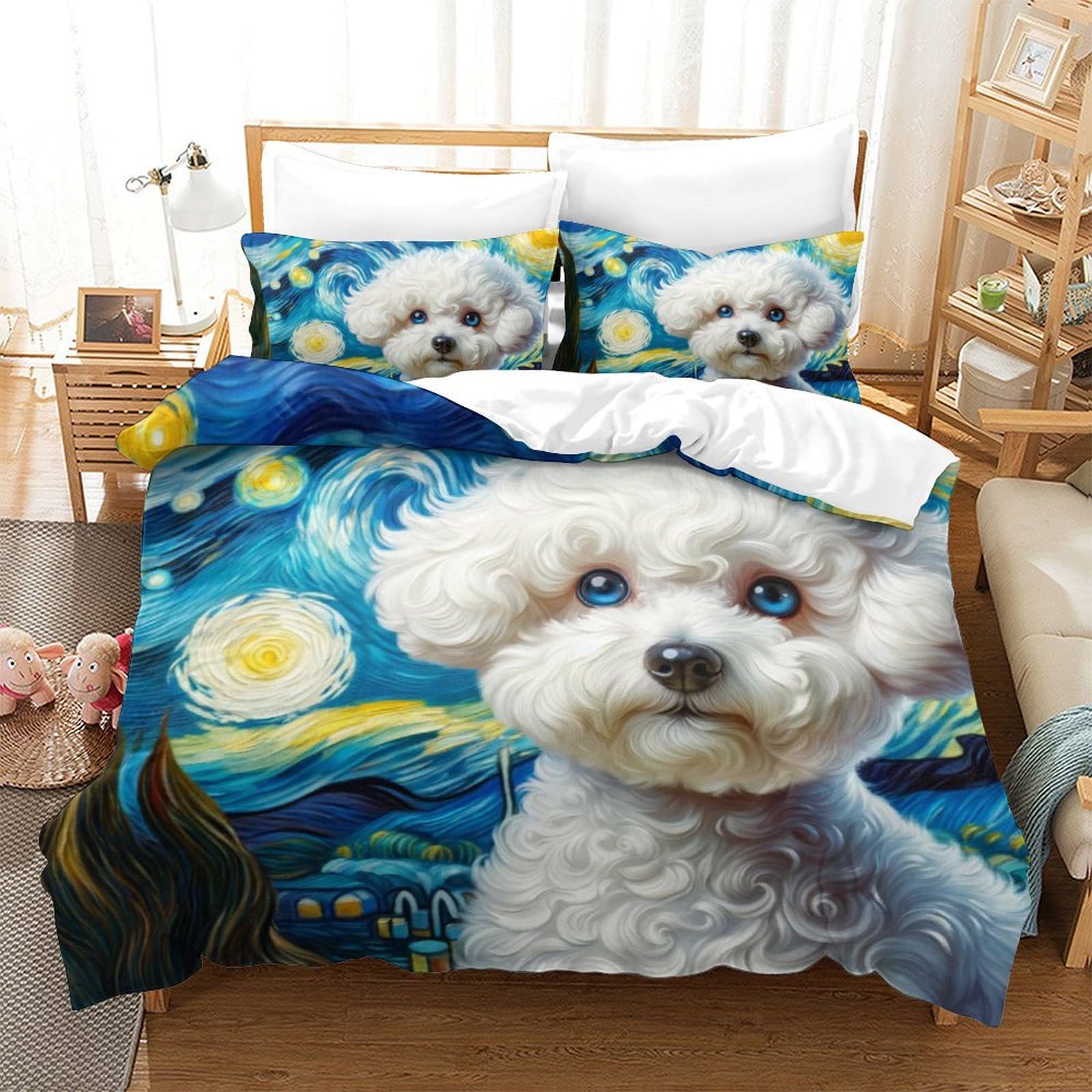 Housse de couette Bichon 220x240 cm avec 2 taies d'oreiller en microfibre pour lit double