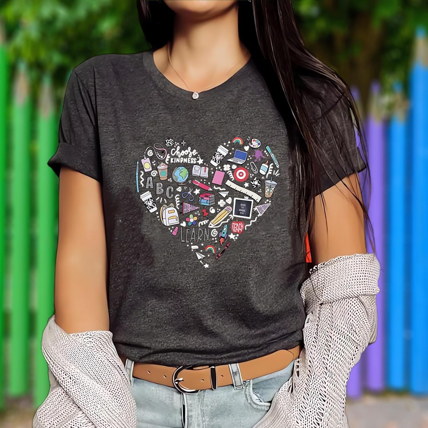 Teacher Shirt Women Teaching T-Shirt Funny Heart Graphic Tee Top Cute Kindergarten Teachers T-Shirt - Image 5