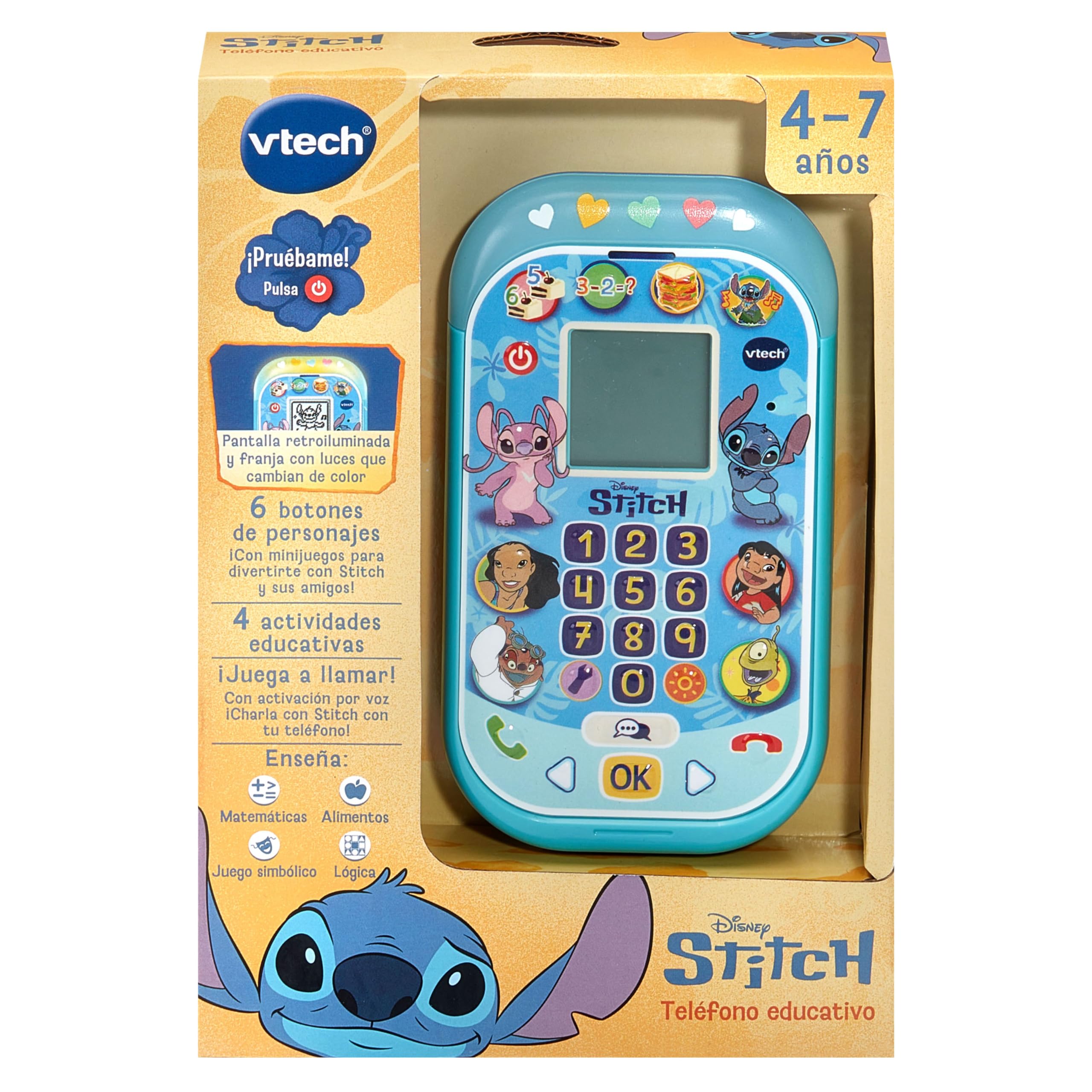 VTech - Teléfono Educativo de Stitch, Juguetes Electrónicos para Niños +4 Años, Pantalla LCD, Banda Luminosa, Minijuegos de Matemáticas, Voz Original, Teclado y Llamadas, Versión ESP