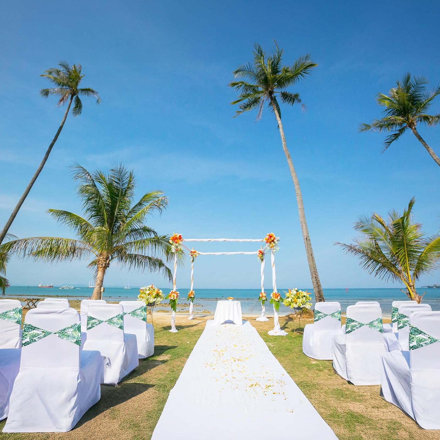 Newwiee 48 Stretch Chair Cover Sashes with 6 Table Runner 6 x 14 Inch Elastic Chair Band Ties 14 x 108 Inch Table Runner for Family Banquet Party Decoration(Hawaiian)